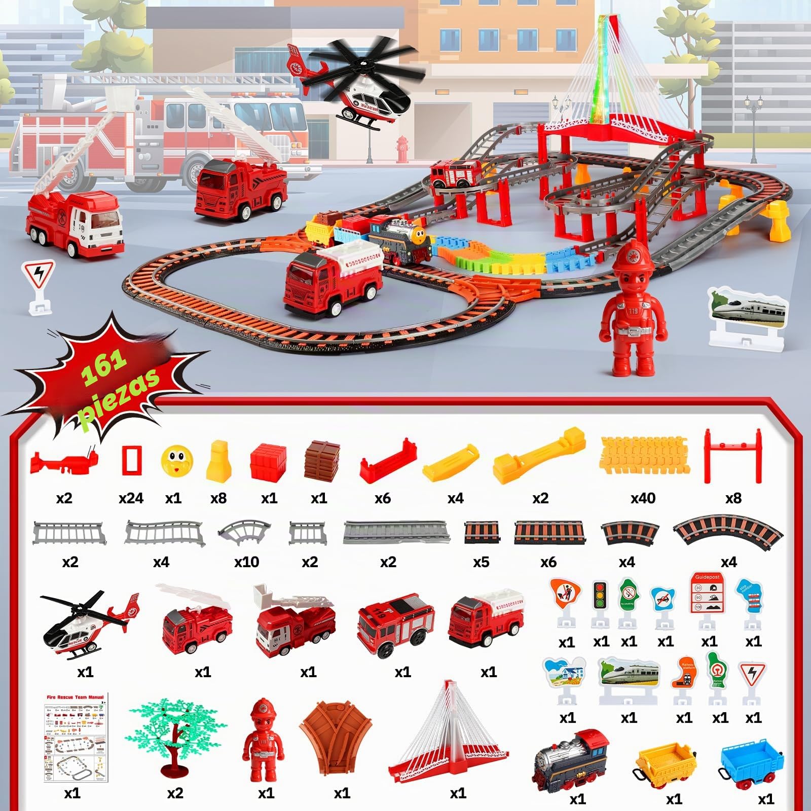 JONRRYIN Trenes de Juguetes para Niños, 161 Piezas Juguetes Pista de Carreras, Pista de Coches y Tren con Vías de Flexibles, 4 Camión de Bomberos, Train Eléctrico para Niños Regalo