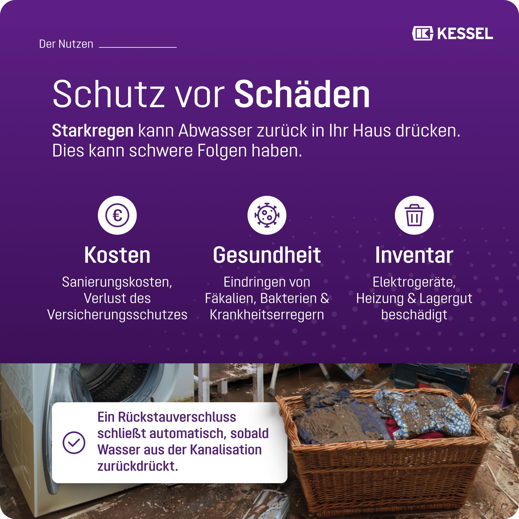 Kessel 73052 Rückstauverschluss Staufix Siphon für Waschmaschine, Kunststoff, Falle | Rückstausicherung für fäkalienfreies Abwasser, 2 Klappen + Notverschluss, korrosionsfreier Kunststoff, EN 13564