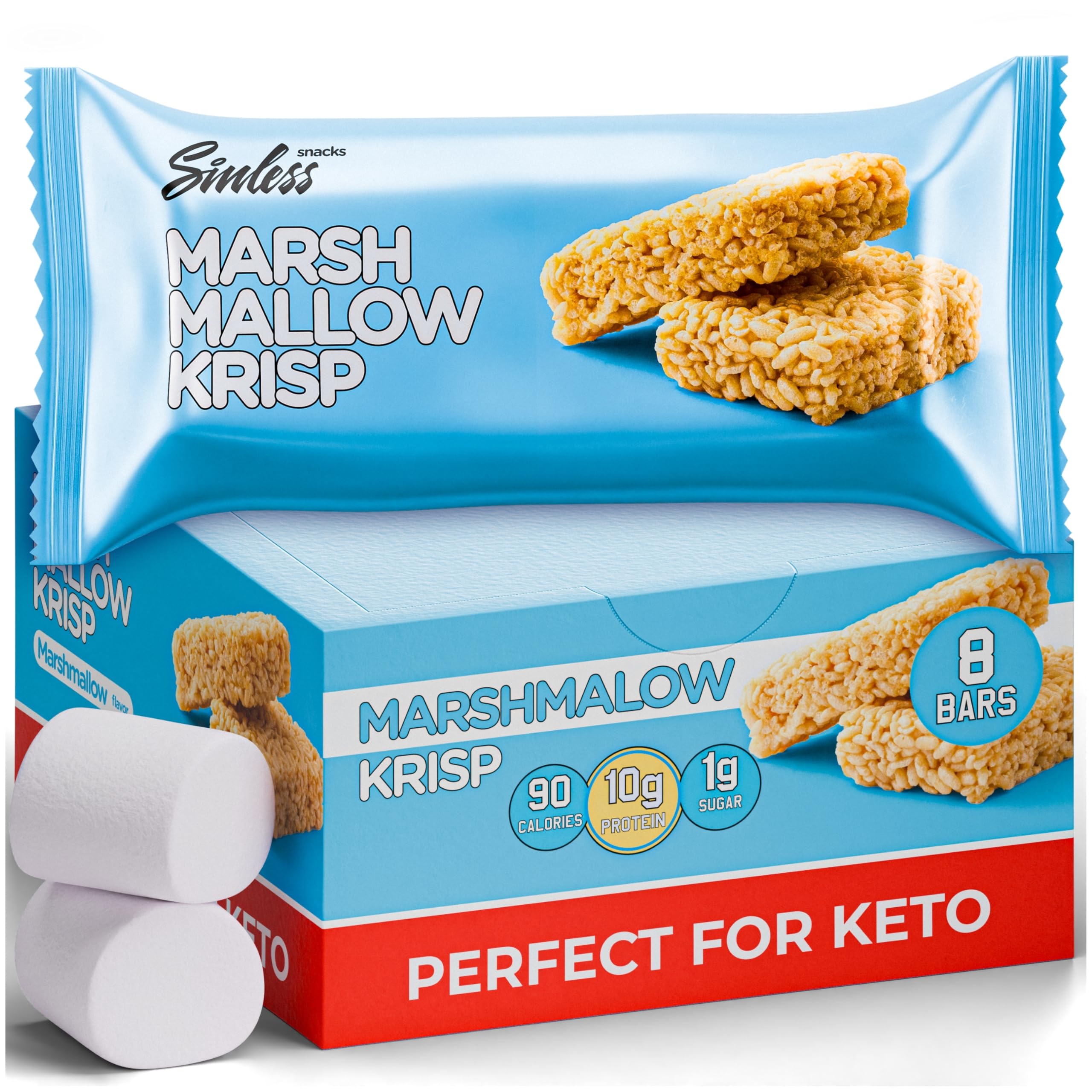 New Improved Recipe - Sinless Snacks Marsh Mallow Krisp - Perfect Keto Snacks - Delicious Gluten Free Low Carb Snacks - Marshmallow Keto Cereal Bars – Soft & Chewy Low Sugar – Less Than 1g - 8 Count