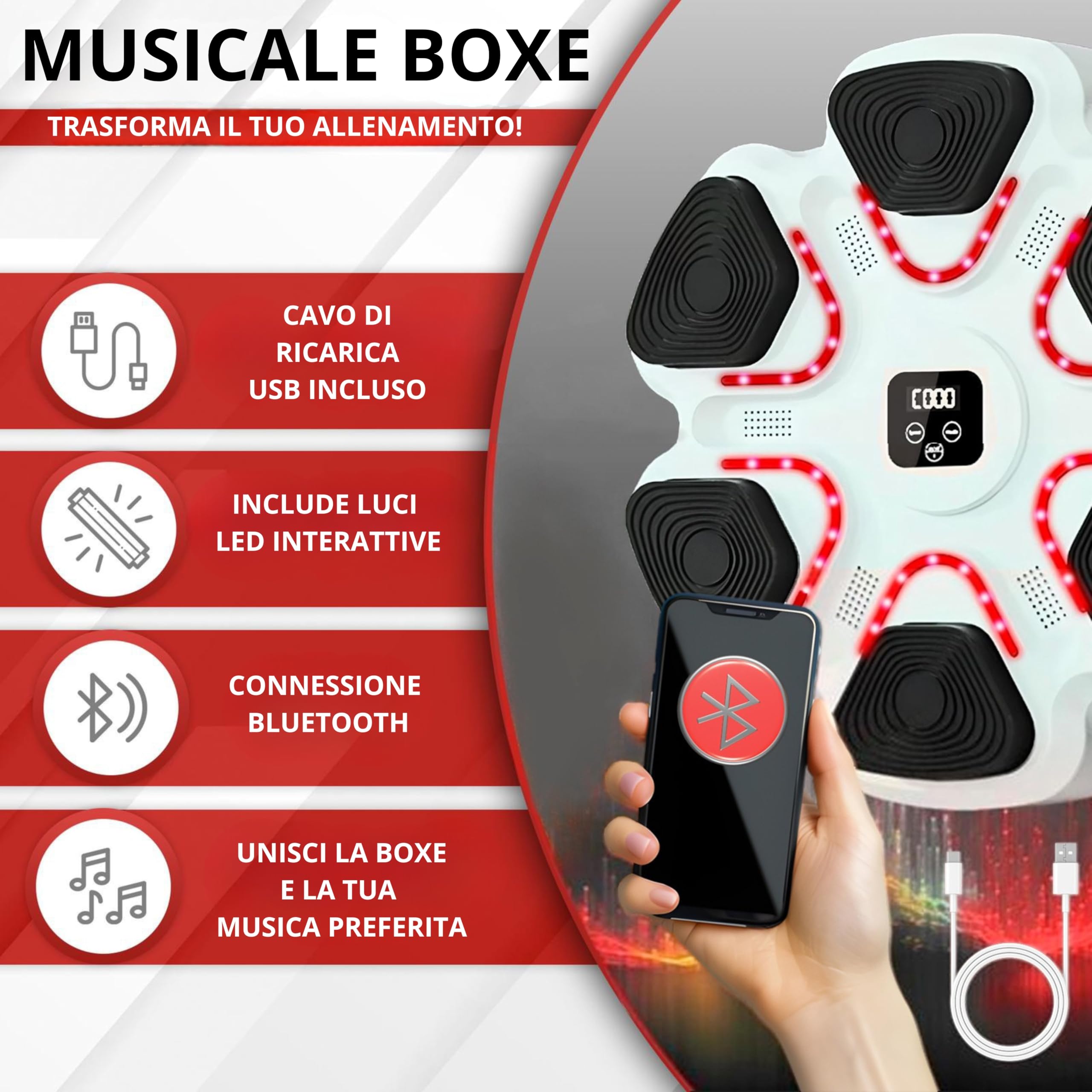 Arcanix - Macchina da Boxe Musicale da Parete | Music Boxing Machine con Bluetooth, Luci LED e 9 Velocità | Guantoni Inclusi | Allenamento Cardio, Riflessi e Coordinazione per Adulti e Bambini