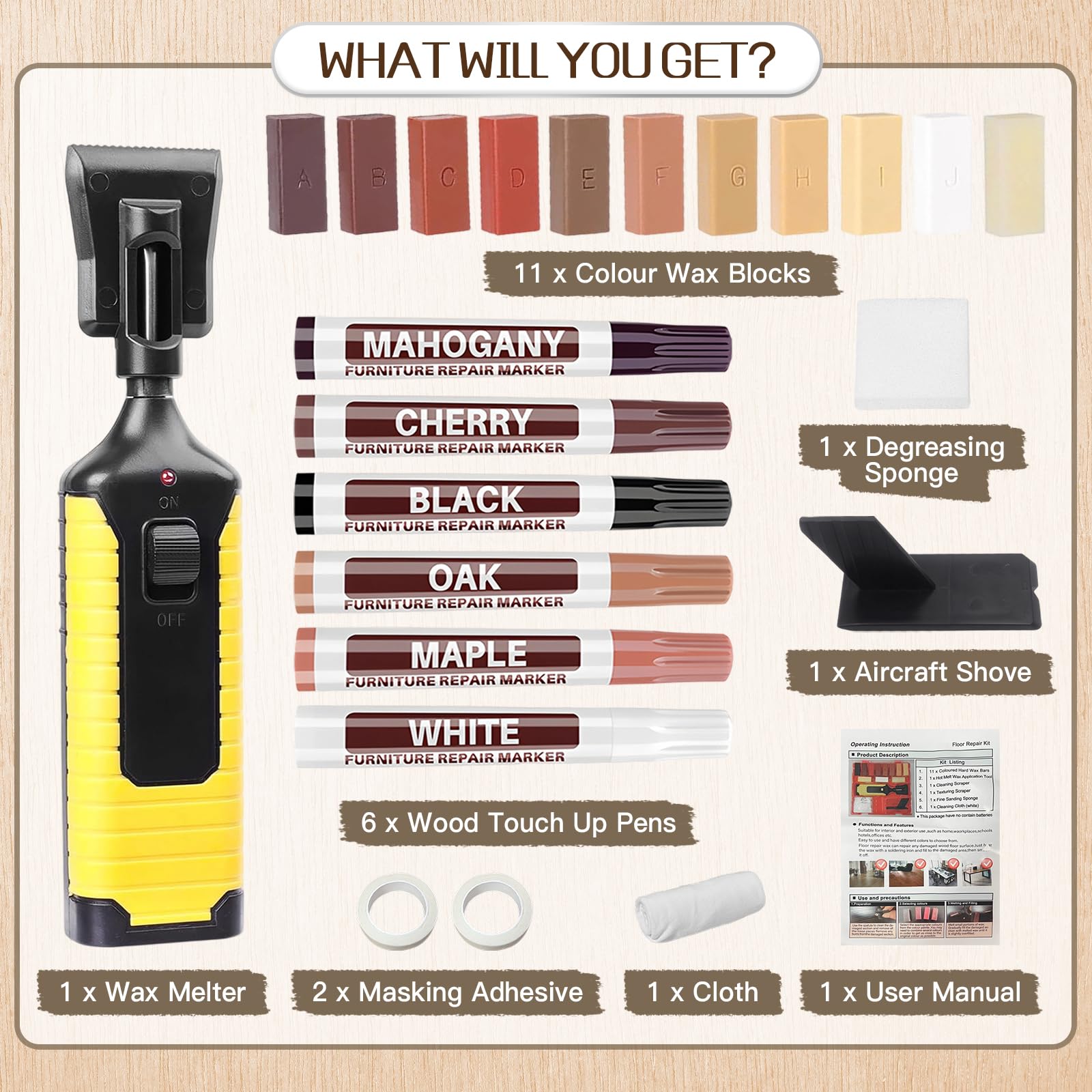 Set Di Riparazione per Piastrelle, Kit Riparazione Piastrelle con 11 Colori Cera Dura, 6 Pennarelli Riparazione Mobili, Pennarello Fondente e Accessori, Stucco Legno per Laminato, Mobili, Piani Lavoro