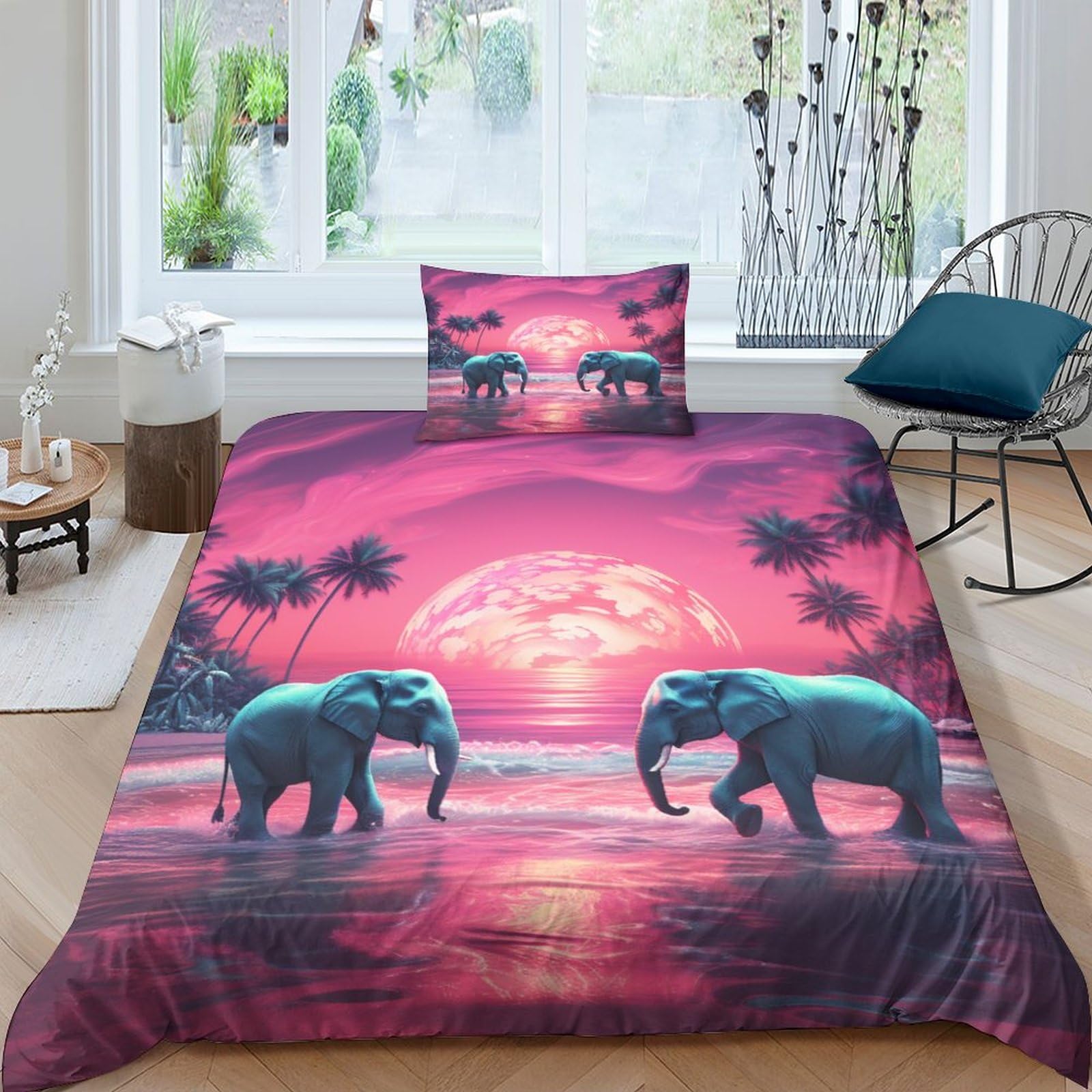 GEEYOU Elephant Breathable Duvet Cover Luxe African Elephant Quilt Cover Set Hidden Zipper Comforter Cover Soft Microfiber Bedding Set with Pillowcases for Boys Girls Washable Single（135x200cm）