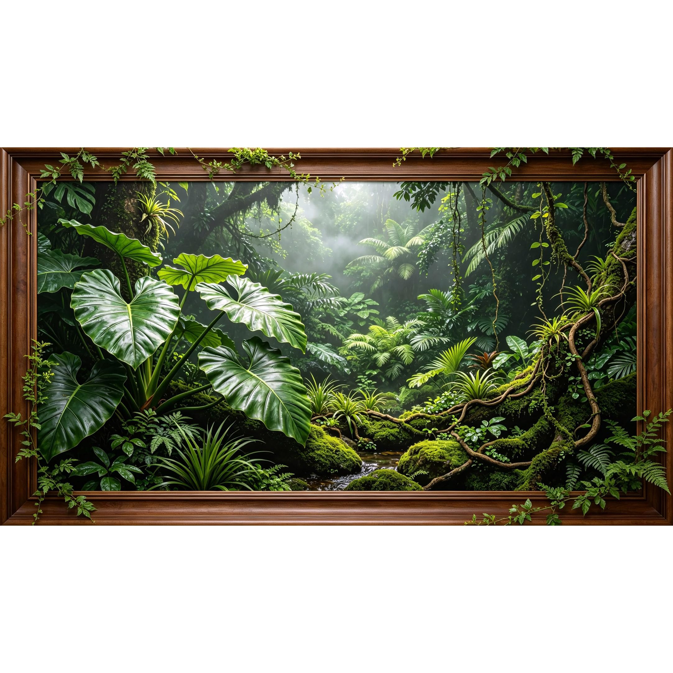 QZLITHOTIC 50×90cm3D Framed Wall Art， Tropical Rainforest Jungle Botanical SelfAdhesive Mural， Water?Activated Peel & Stick Fabric Decor Wall Decal for Bedroom Living Room