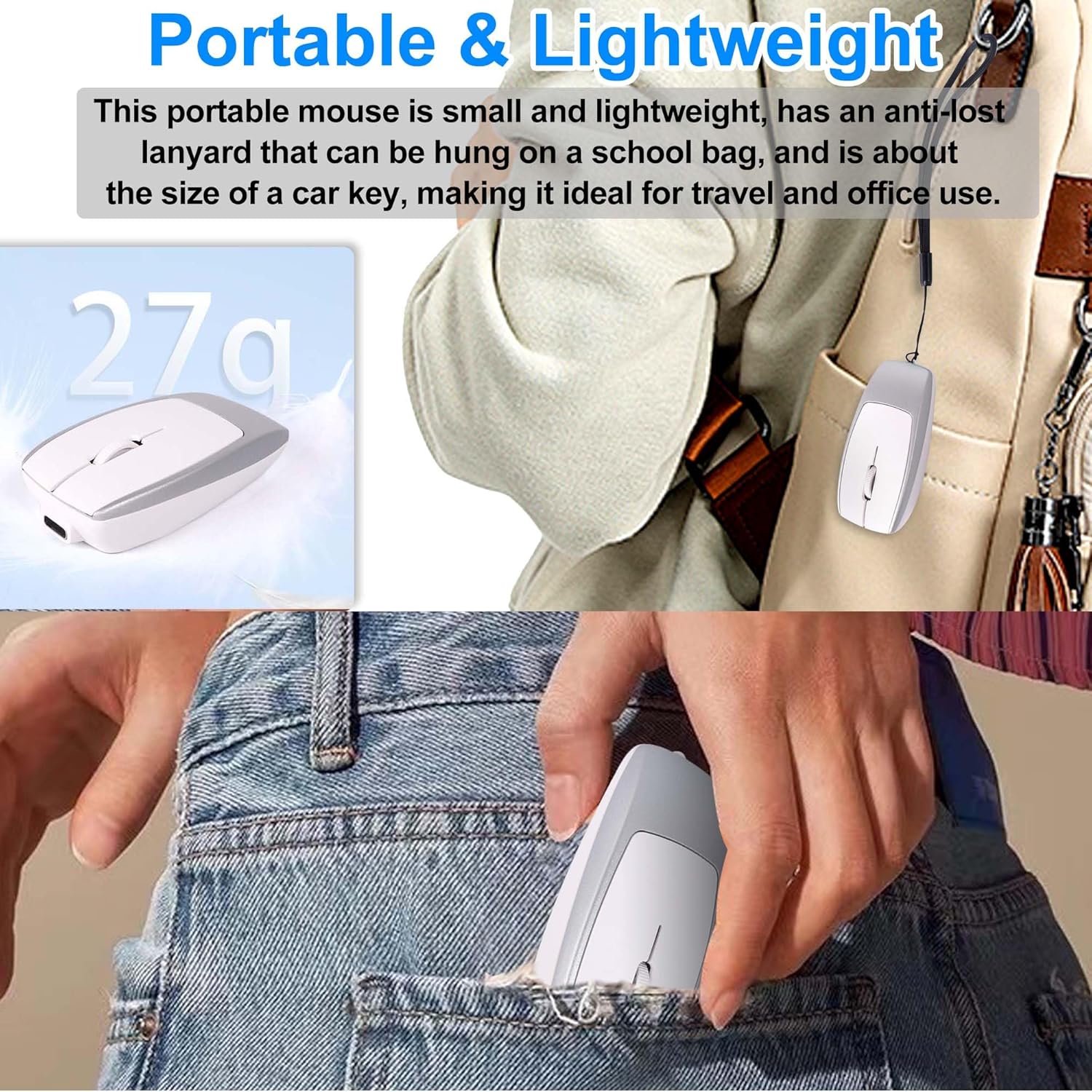 Mini Wireless Bluetooth Mouse, with Card Reader (Up to 2TB) Portable Small Silent Rechargeable Optical Travel Thin Finger Mice 3 Levels DPI for PC/Smartphone/Laptop/Tablet Student Kids Gift（Silver）