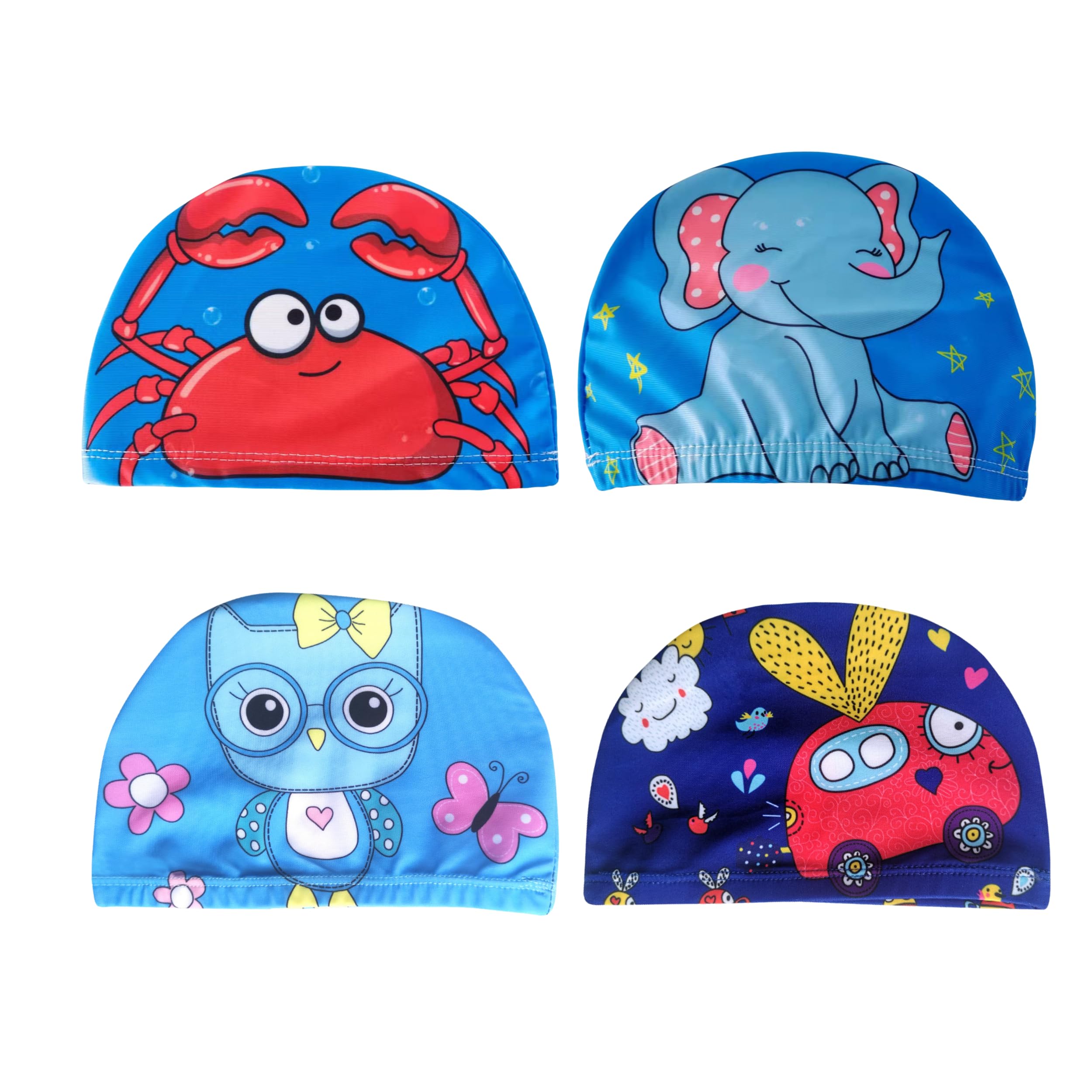 4 Unidades de Gorros de Piscina para Niño, Gorros de Tela de Natación para Niño, Fácil de Poner y Quitar, de 1 a 6 Años, Gorro Elástico Apto para Pelo Largo, Gorro de Natación con Dibujos.