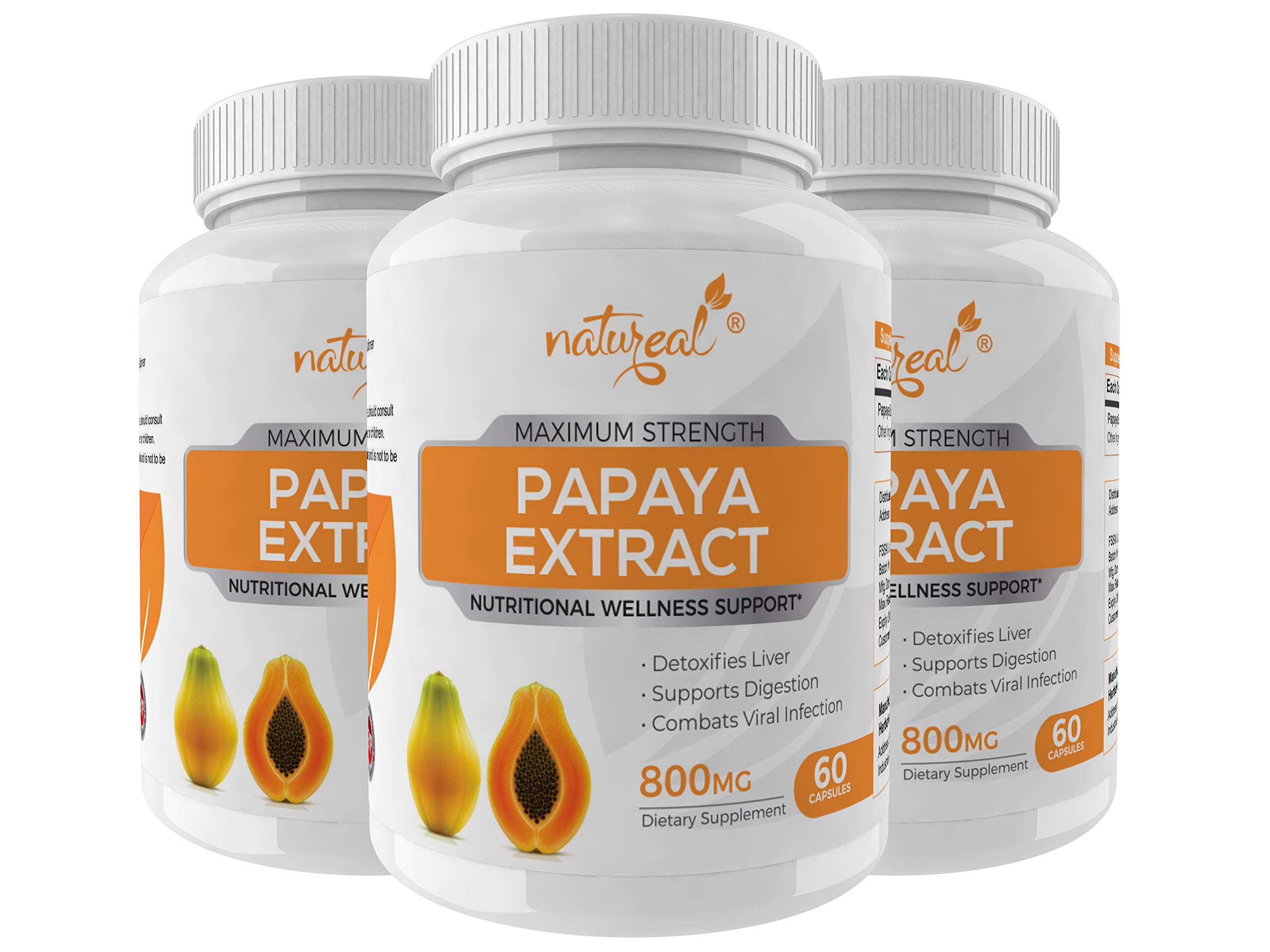 Natureal Papaya Extract 800 mg Capsules for Boosting Immunity & Improve Blood Platelets Production | Anti-Oxidant & Natural Detoxifier - 180 Capsules (Pack of 3)