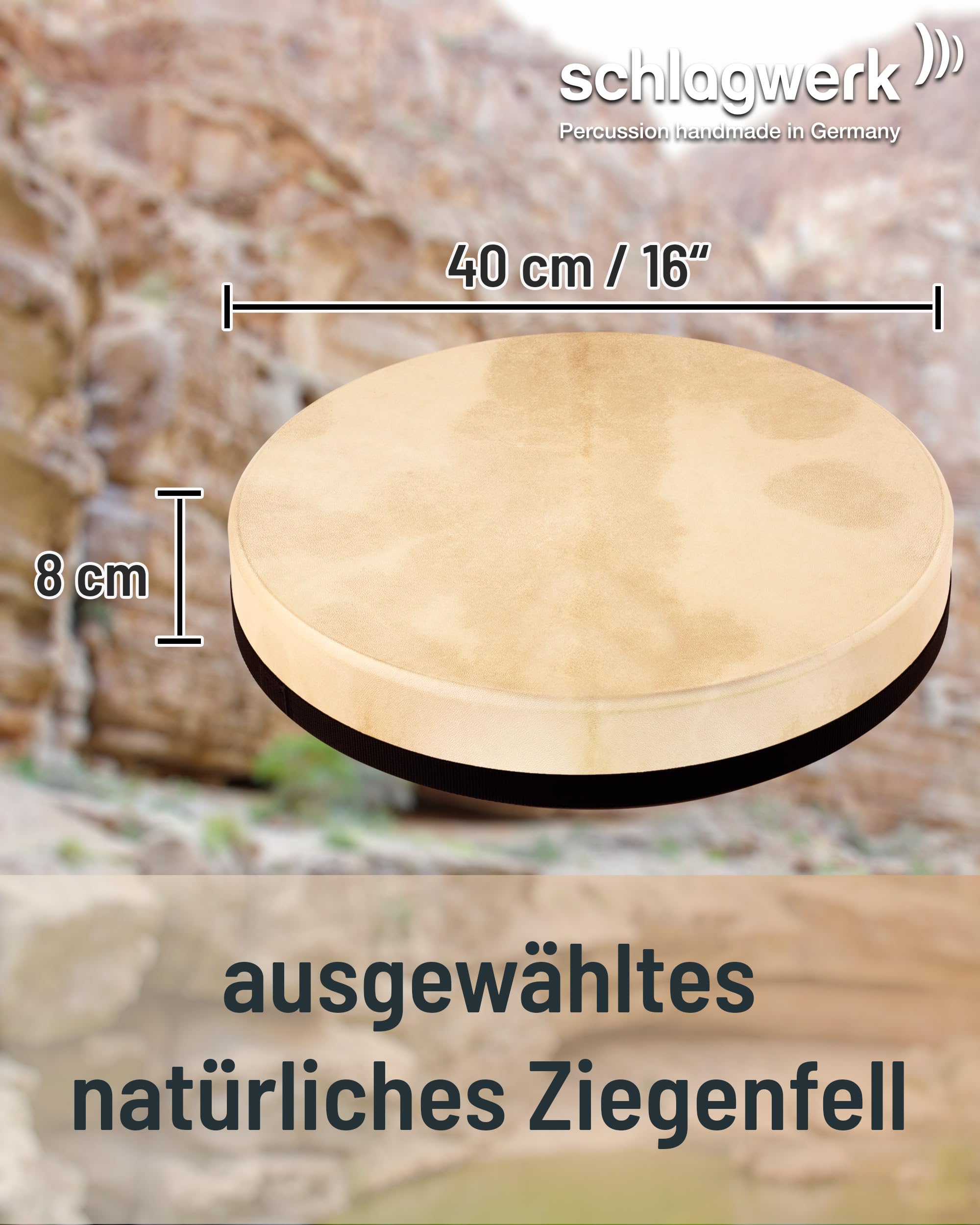 Schlagwerk RTS41 Rahmentrommel Frame Drum Natural -Handtrommel mit Haltekreuz - ⌀ 40 cm / 16 Zoll / 8 cm hoch - Ziegenfell, stimmbar - Buchenholz - Schamanentrommel Made in Germany