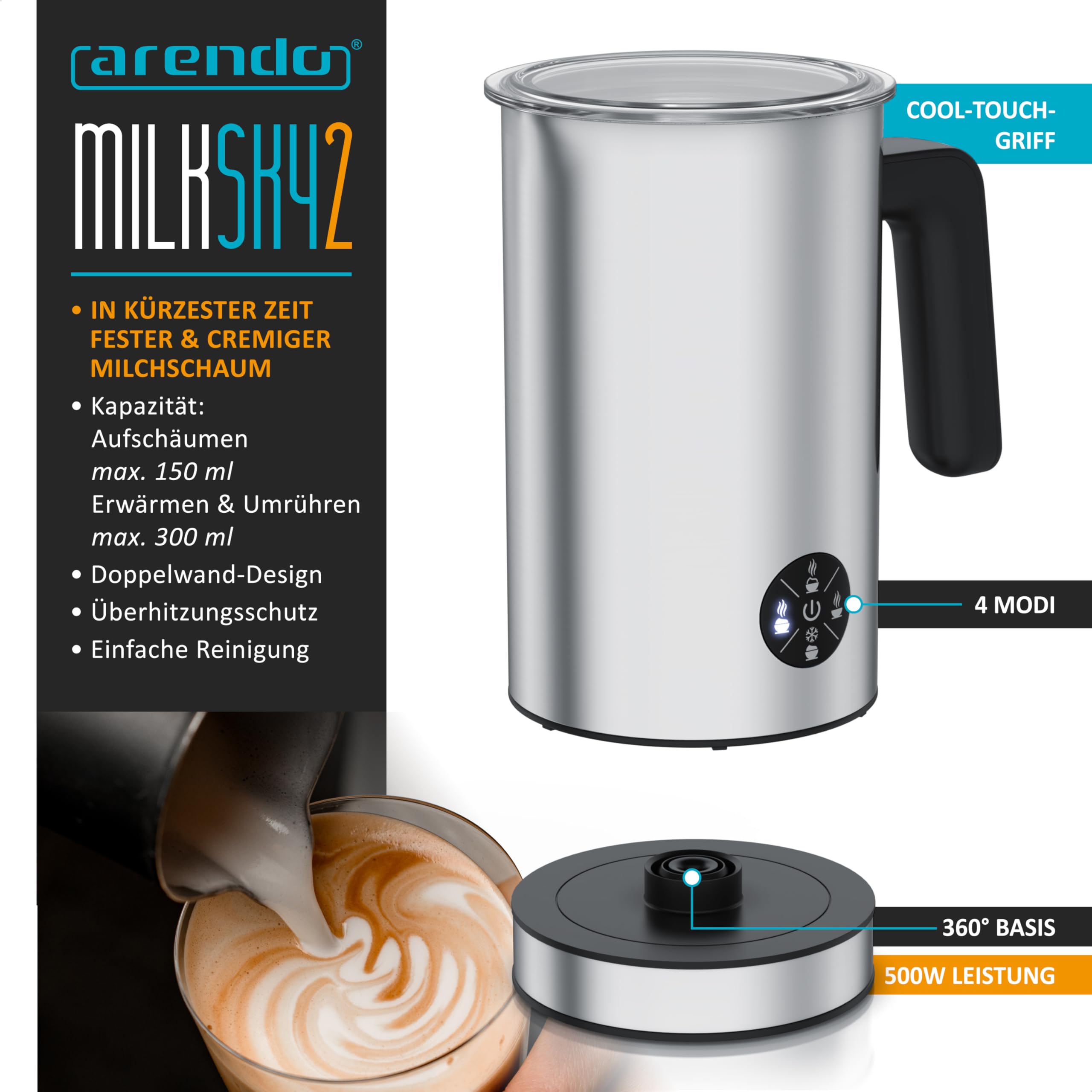 Arendo - Espumador de leche eléctrico 4 en 1 – Carcasa de doble pared – 4 programas – Espuma caliente y fría – Espuma cremosa y firme – 150-300 ml – Revestimiento antiadherente – Cappuccino Latte