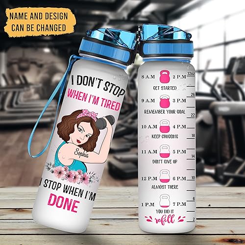 Miniatura 2 de Hyturtle Botella de agua motivacional personalizada con texto en inglés "I Don't Stop When I'm Tired Fitness" de 32 onzas, nombre personalizado con