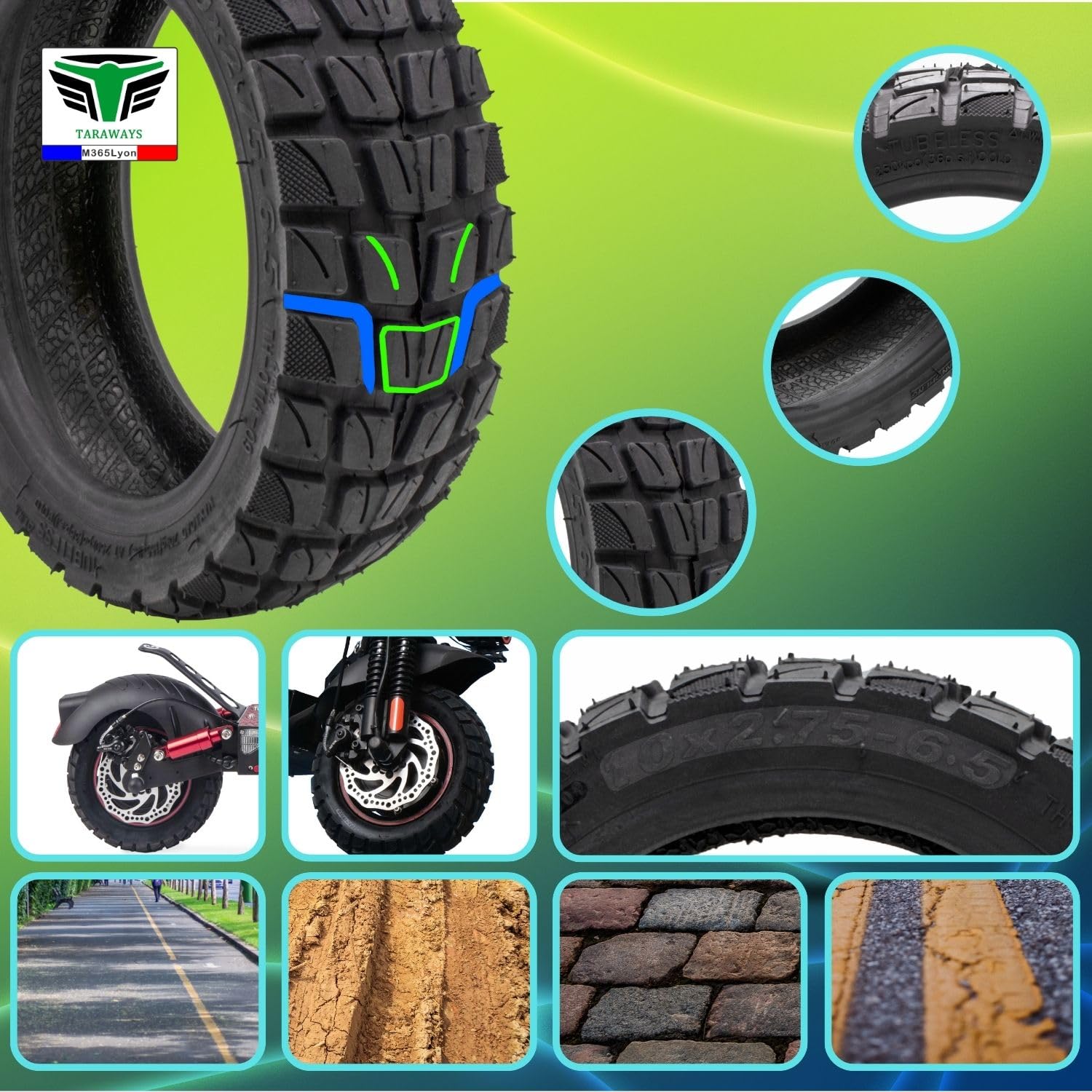 [M365Lyon] Pneu Tubeless 10x2.75-6.5 Pouces pour Trottinettes Electrique UrbanGlide E-CROSS 2x2 All Road 5, E-CROSSE MAX, Speedway 5 - Rockway - Crossover - Dualtron 3, kukirin G2 (1xTire)