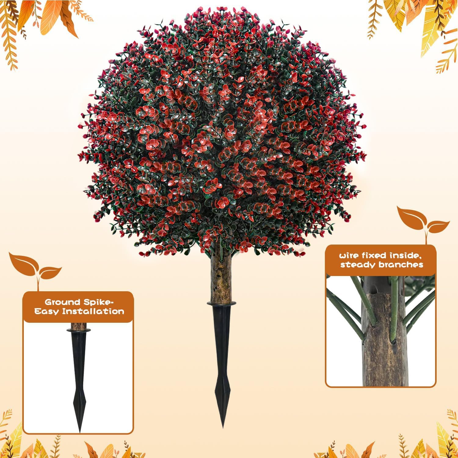 2 Pack Fall Artificial Topiary Ball Trees Outdoor, 24" Fall Faux Boxwood Plants, UV Resistant Fake Shrubs with Ground Spikes for Front Door Planters, Garden, Yard Autumn Decor