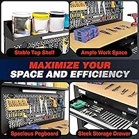 Vista 4 de WORKPRO Banco de trabajo de garaje de 45 pulgadas con almacenamiento, banco de trabajo resistente con tablero de clavijas, tomas de corriente y luz