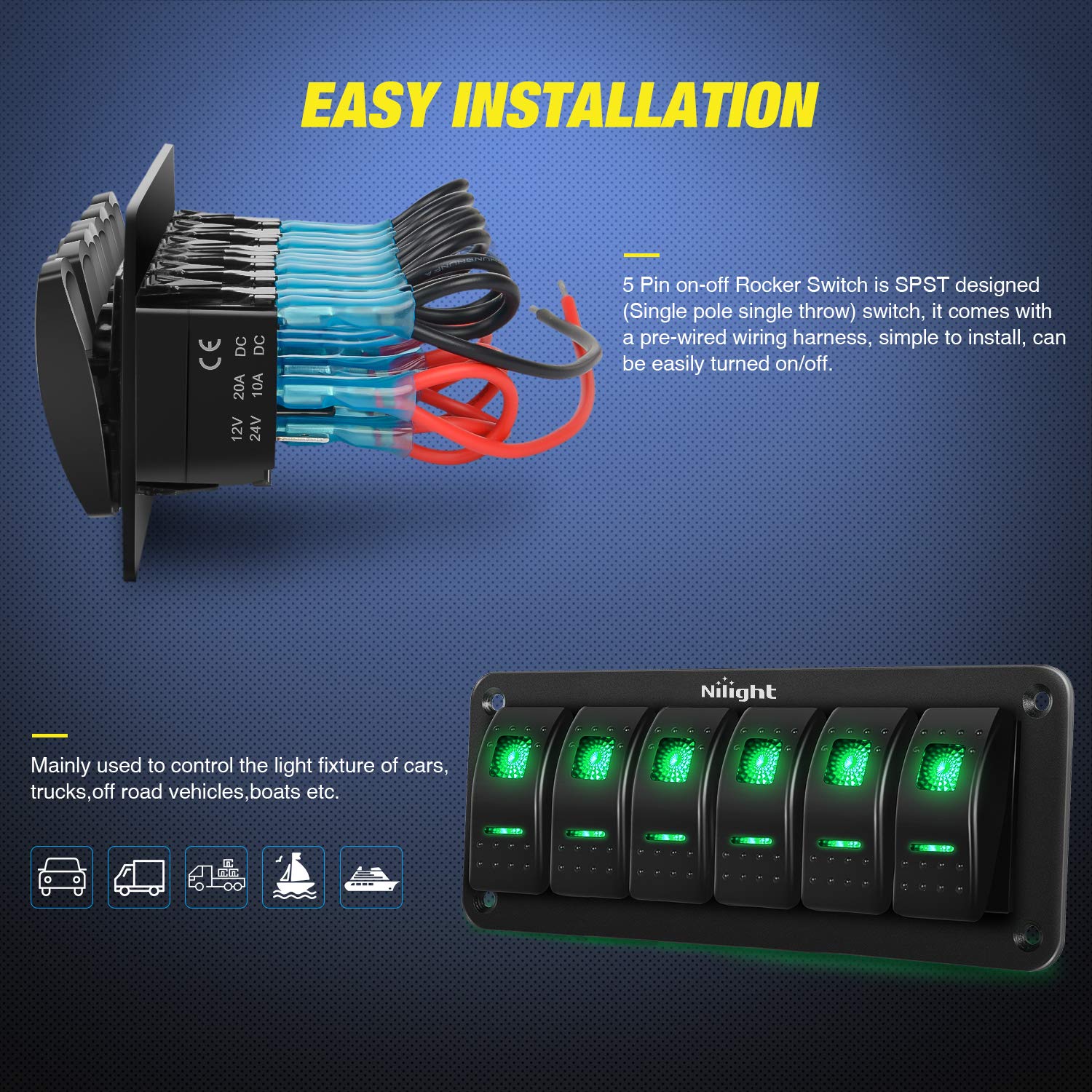 Buy Nilight 6 Gang Rocker Switch Panel 5Pin On Off Toggle Switch