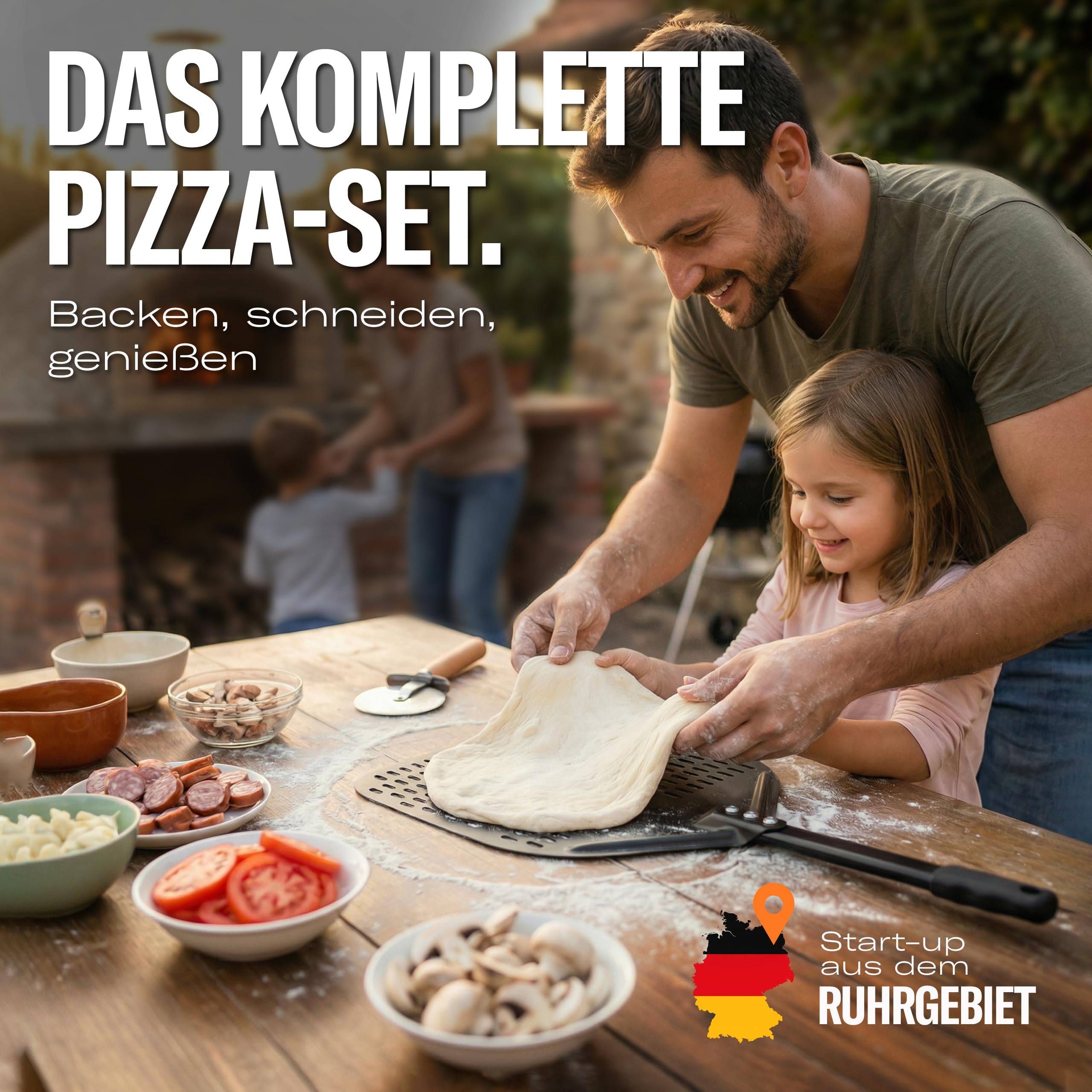Pizzaschieber Set mit Pizzaschneider - großer perforierter Pizzaschieber mit Antihaft-Beschichtung - Pizzamesser Wiegemesser mit Holzgriff - Pizza Zubehör für Backofen und Pizzaofen