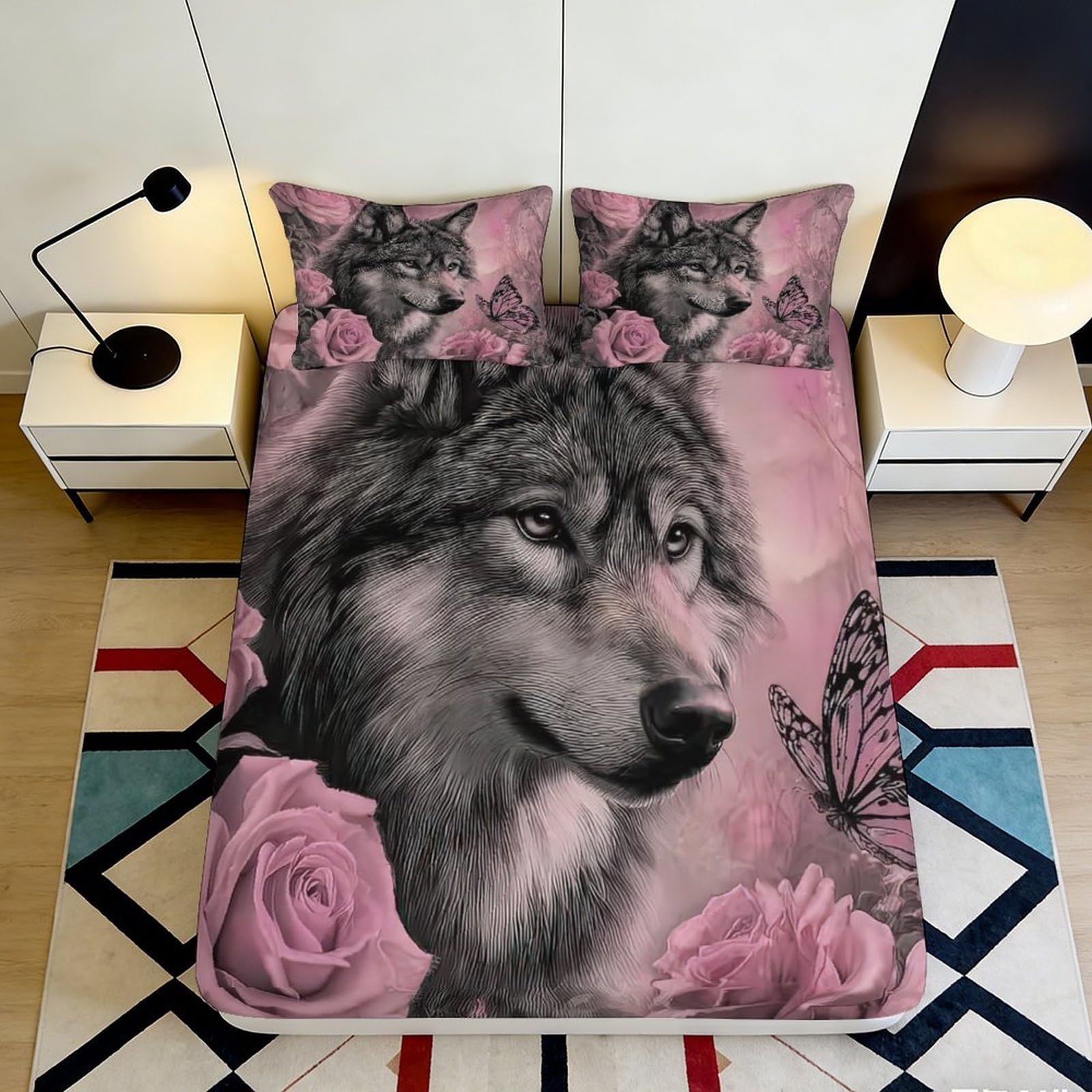 Pnayamiorkfel Style-4 3D Printed Wolf Rose Fitted Sheet Microfiber Soft Mattress Cover With Butterfly Pattern For Bedroom Guest Room Decor 90X200x25cm
