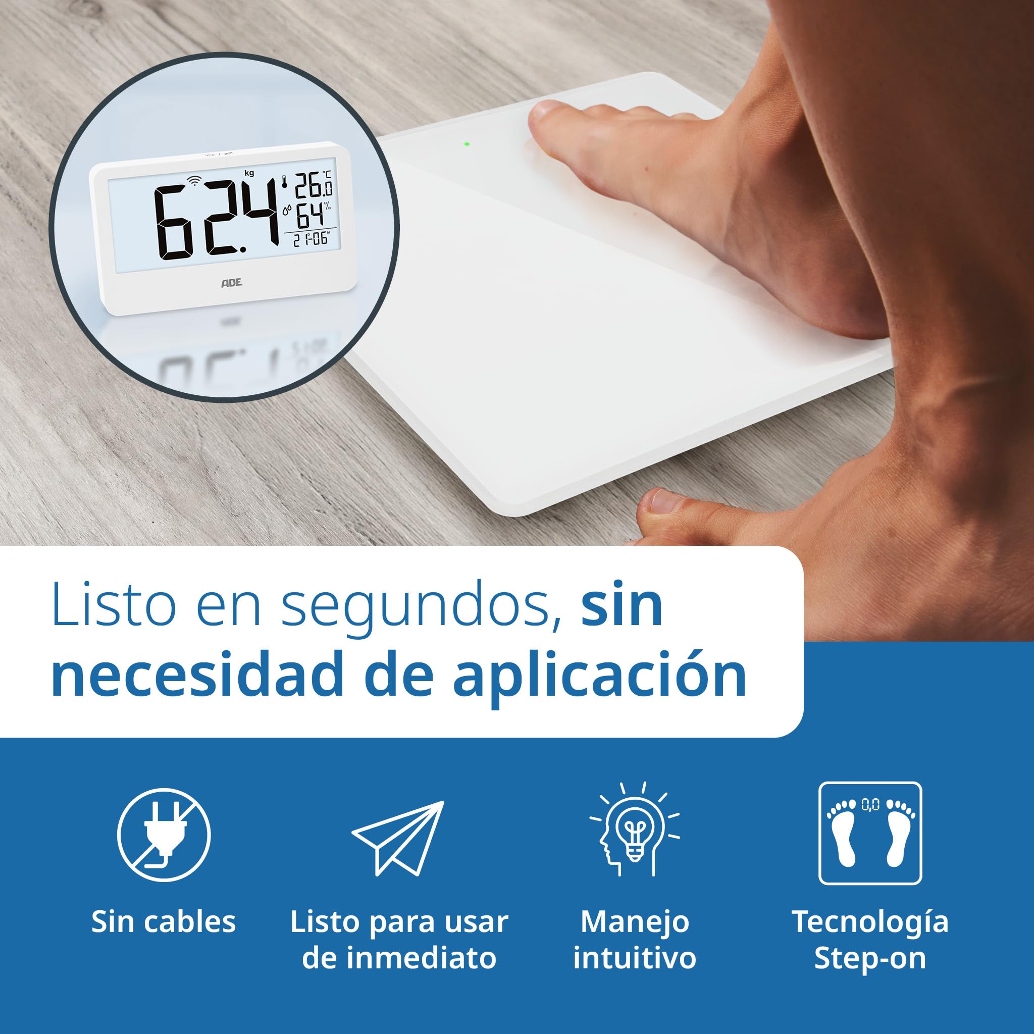 ADE Báscula digital con pantalla externa, báscula para personas de hasta 180 kg, peso legible a la altura de los ojos, báscula para personas mayores, con reloj de baño, higrómetro, termómetro interior