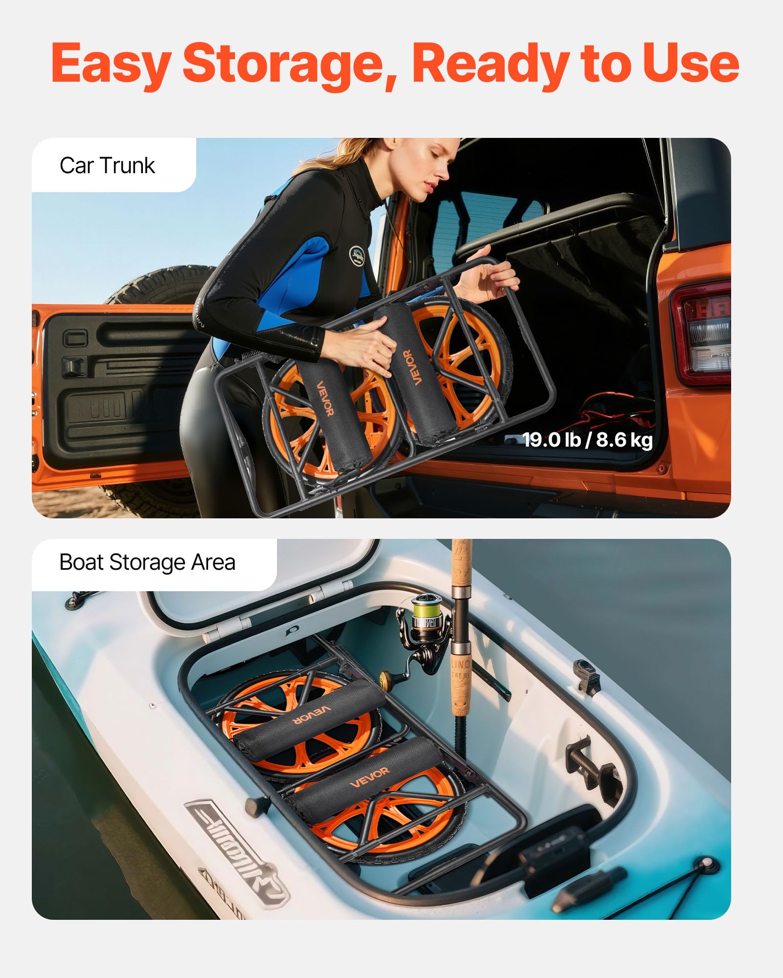 VEVOR Remolque Horizontal para Kayak, Remolque de Kayak 770 x 495 x 425 mm con Neumáticos de Goma Maciza de 38,1 cm y Pata de Cabra Carga 150 kg Carrito para Tabla de Surf de Remo, Kayaks, Canoas