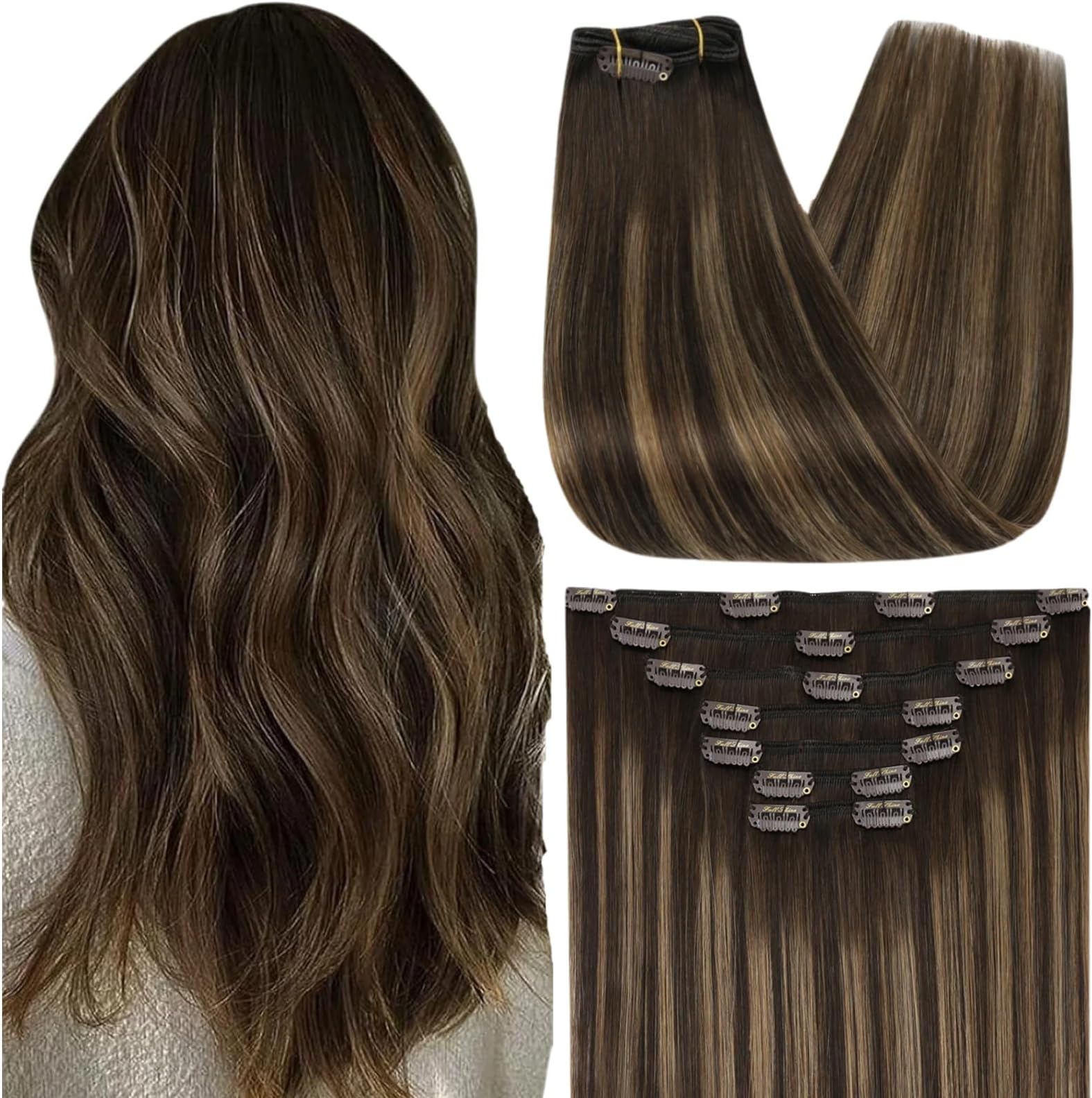 Balayage Clip in Hair Extensions 22 Inch Hair Clip in Extensions Dark Brown to Light Brown Hair Extensions Real Human Hair Clip ins Straight 7 Pcs 120g