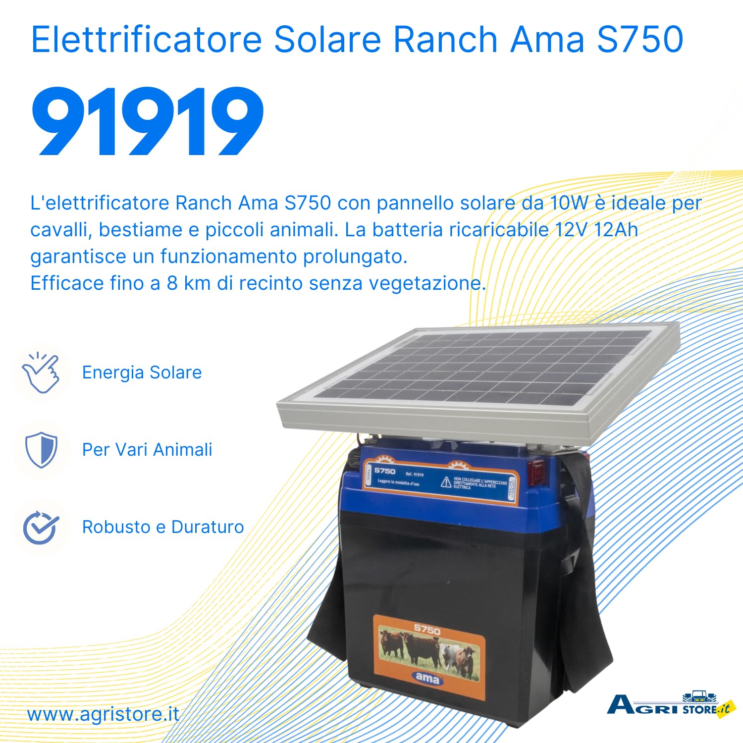 Ama Electrificador Ranch S750 para vallas eléctricas con panel solar de 10 W, ideal para caballos y ganado, batería recargable 12 V 12 Ah, energía de carga 0,48 julios, longitud máxima