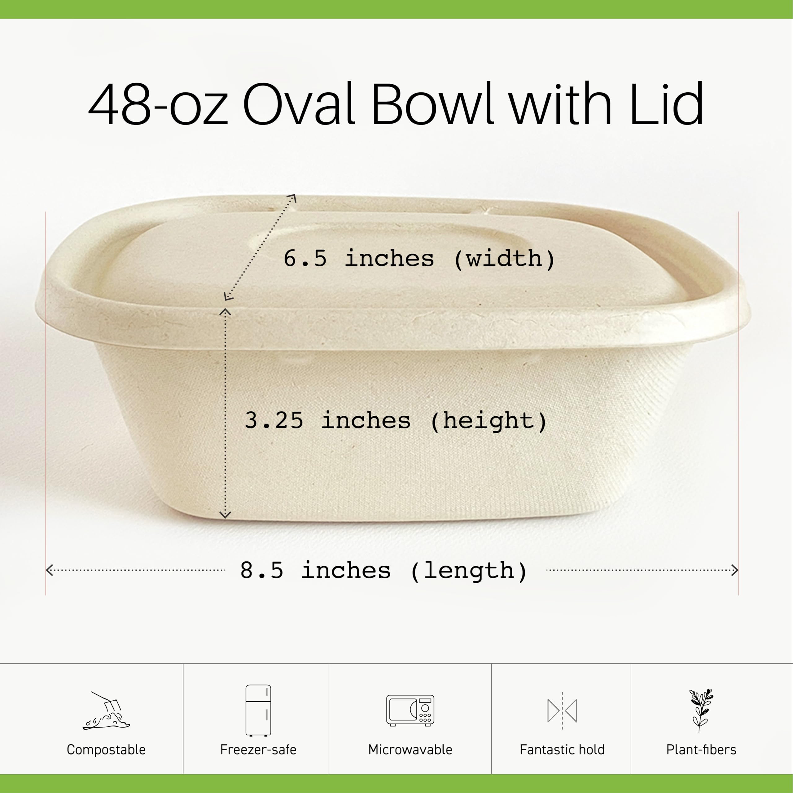 SugaWrap Disposable 48oz Food Containers with Lids - Eco-Friendly Biodegradable Bamboo & Sugarcane, Sturdy & Leak Resistant, Freezer & Microwave Safe for Hot & Cold (50 Bowls + 50 Lids) (48 oz)