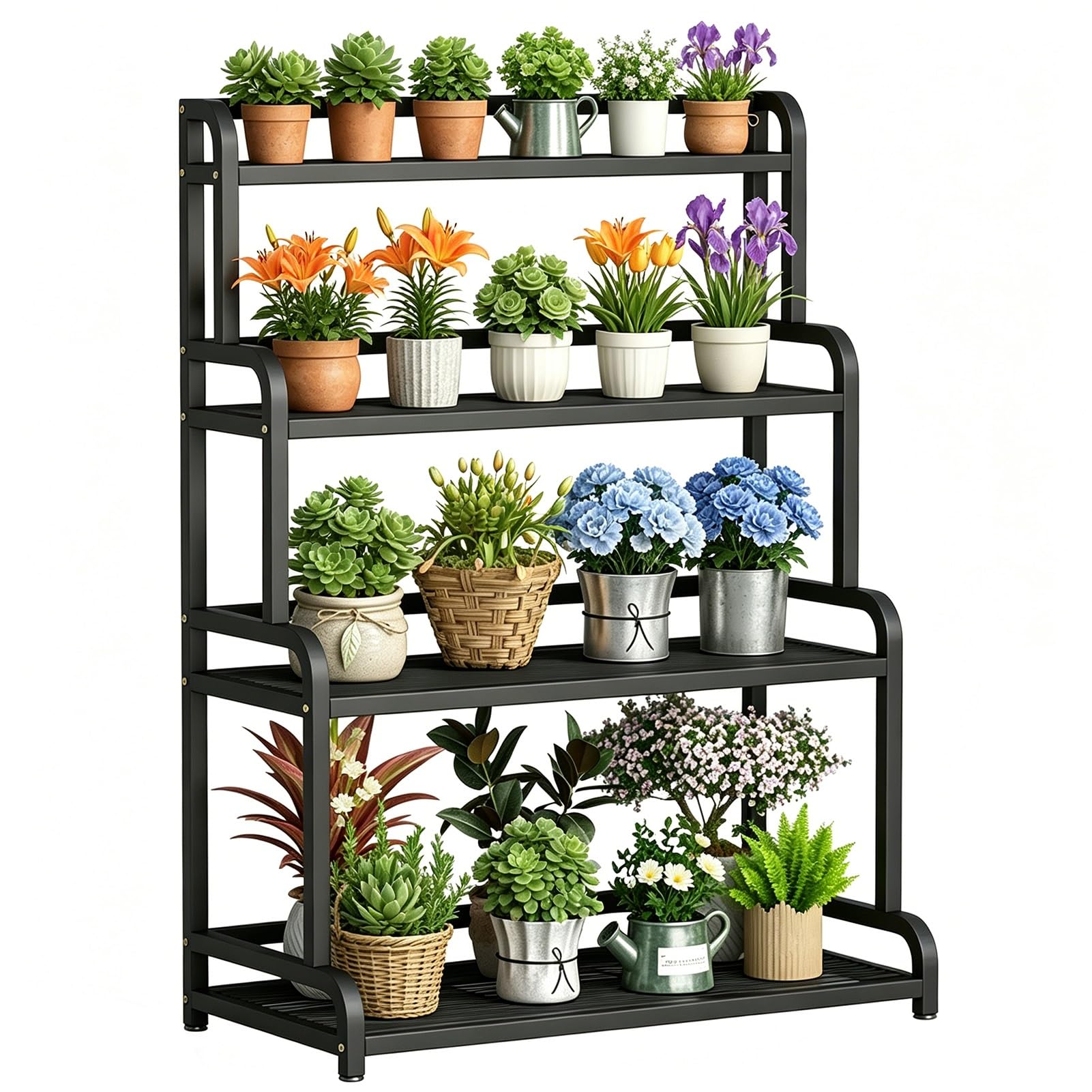 DMCHENGMA 135cm Tall Plant Stand 4 Tiered Metal Storage Rack Multi-purpose Utility Shelf Black Iron Flowers Shelves Ladder Plants Rack(50x50x135cm)