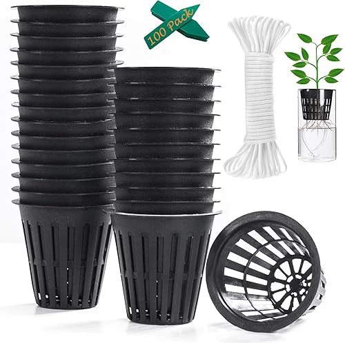 ORIMERC Paquete de 100 macetas de red de 2 pulgadas para plantas hidropónicas, tazas de red con cuerda de riego y etiquetas para plantas, para