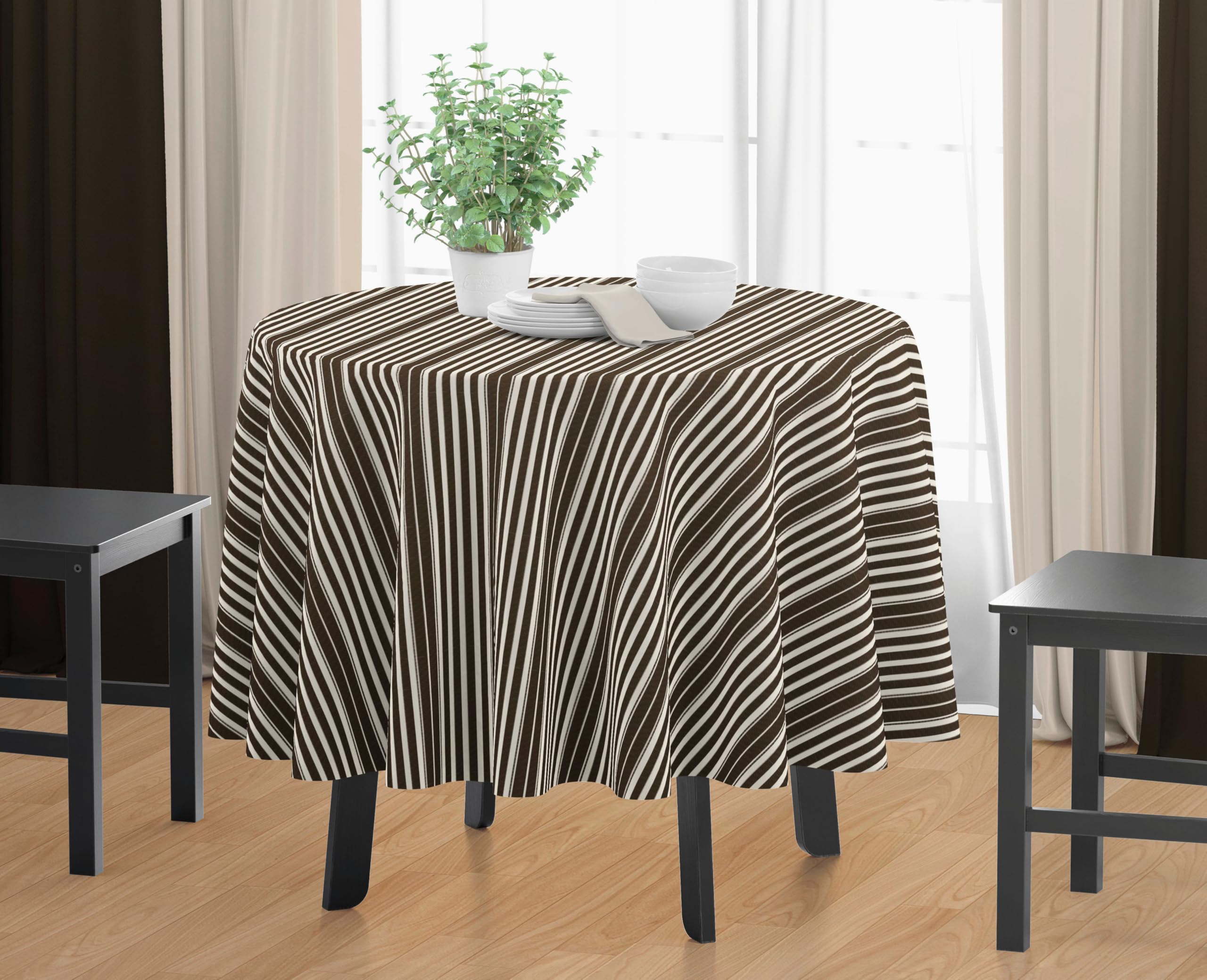 Courtyard Stripes 4 Seater Round Table Cover - 100% Cotton - Yarn Dyed - Slub Weave - Machine Washable - Durable - Dining Table Cloth - 60 x 60 Inch - Brown