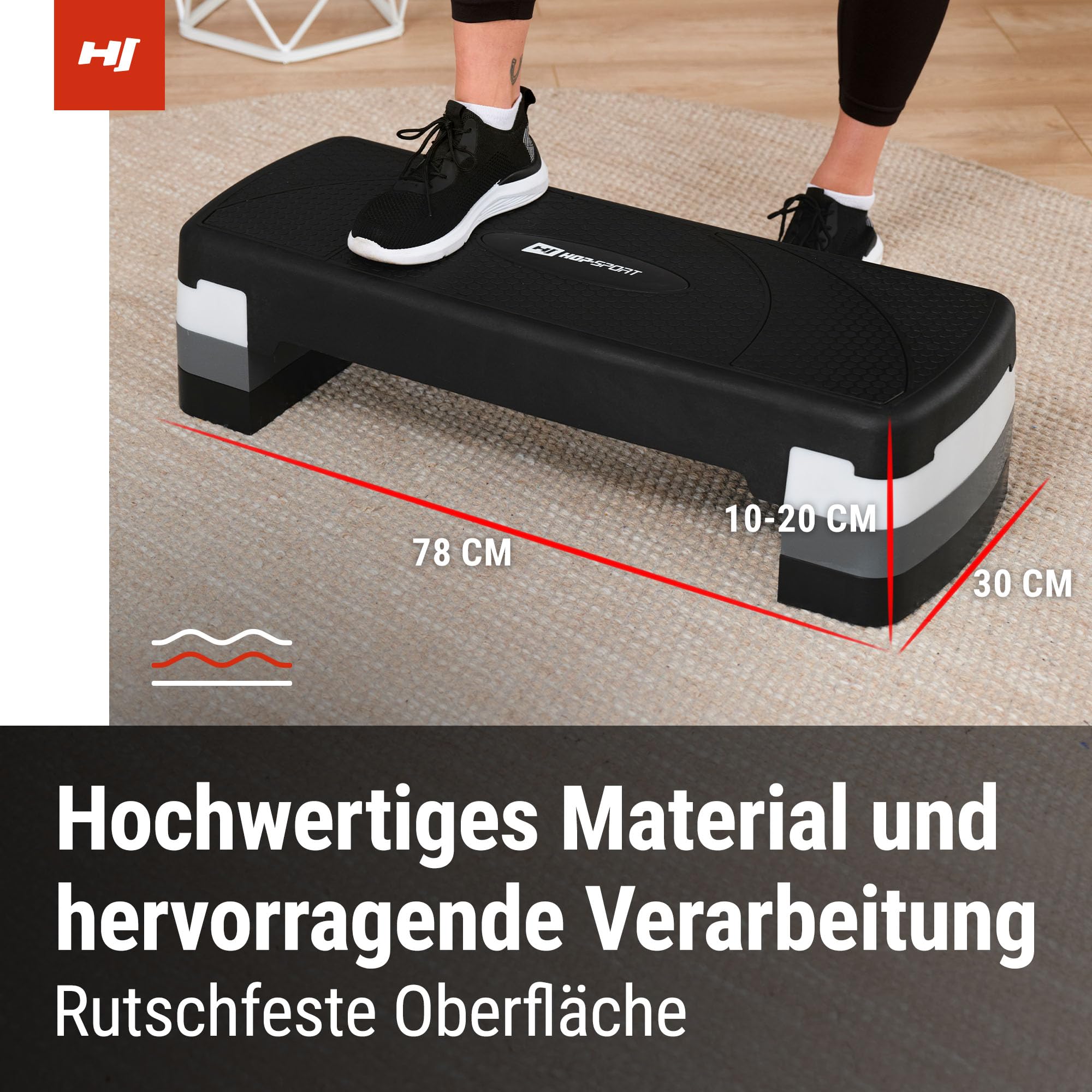 Hop-Sport Steppbrett HS-PP033AS für Zuhause - höhenverstellbarer Aerobic Stepper Fitness mit 3 Stufen & Anti-Rutsch-Oberfläche, Step bis 350KG belastbar