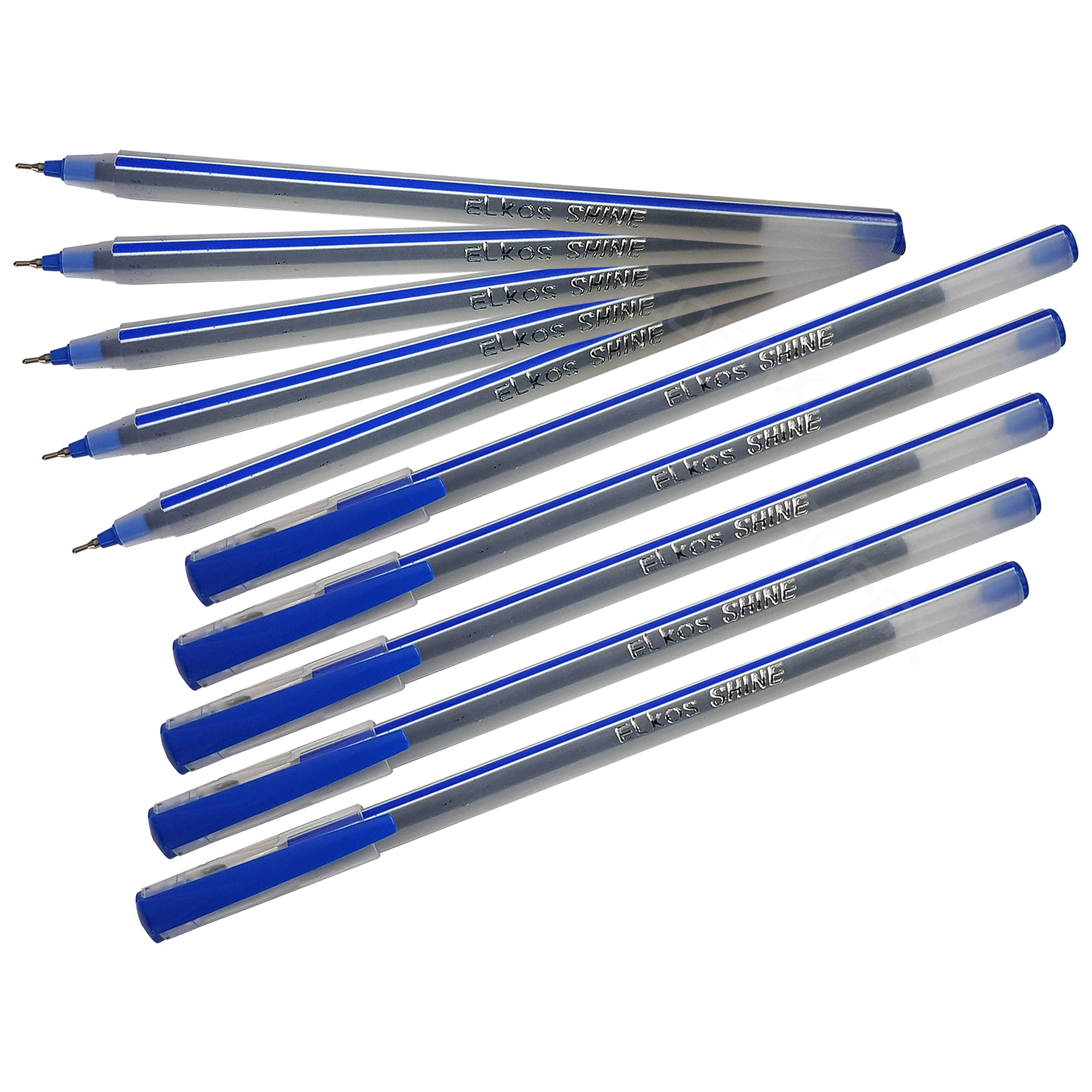 ELKOS BLUE Ballpoint Pens, 0.7mm Fine Point, Pack of 10, Shine DF Ball Pens, Smooth Writing, School Office Home Everyday Pens, ZOFAX Black Ball Pen