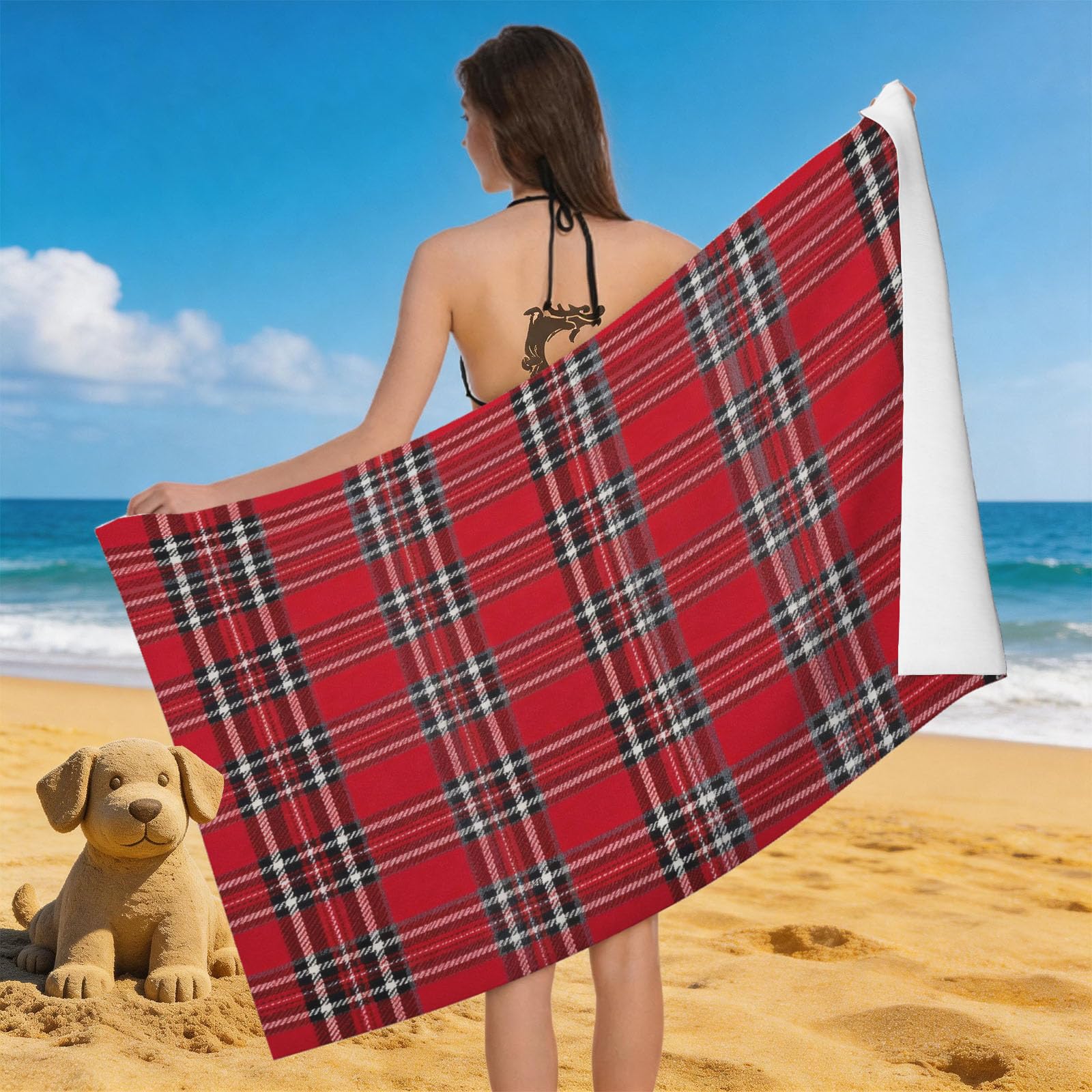 Leichong 3D Red Black Plaid Beach Towel Microfiber Soft Quick Dry for Adults, Simple Bath Towel Lightweight Soft Absorbent for Travel Swimming Pool Sports, 75 x 150 cm