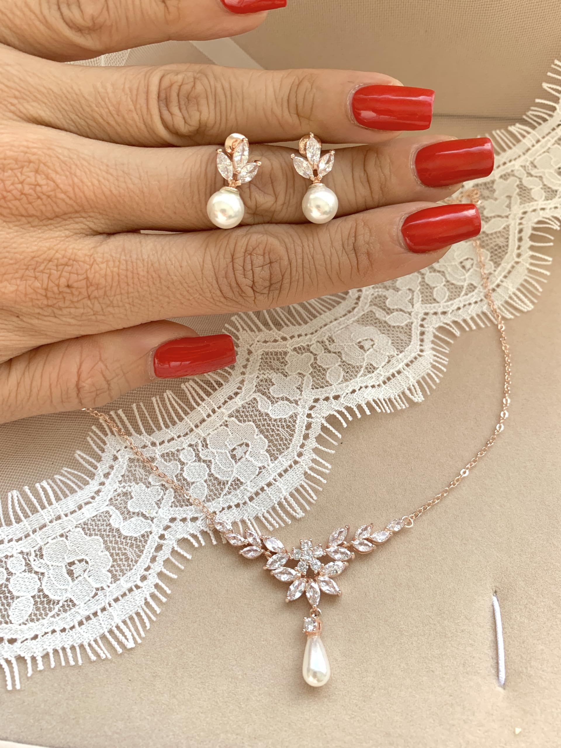 Schmuckset Rosegold Silber Perlen Zirkonia Halskette Ohrringe Strass Brautschmuck Hochzeit Kommunion Abiball