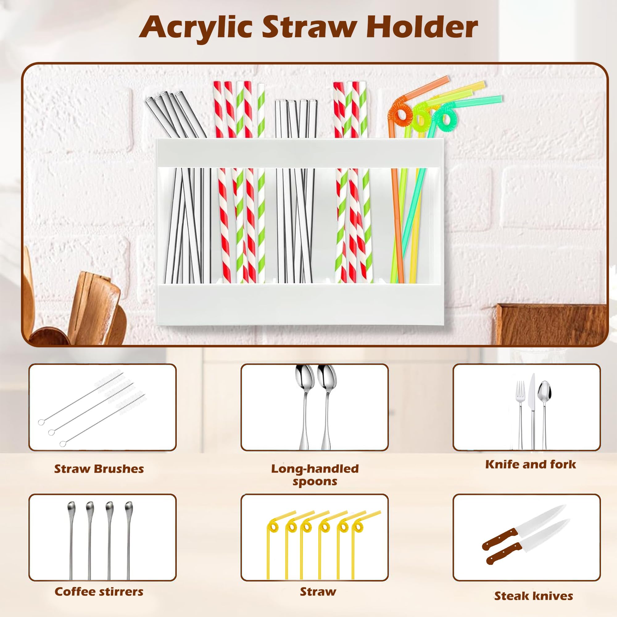 Grande supporto per cannuccia in acrilico per porta dell'armadio, 24,1 cm, riutilizzabile, organizer per cannucce con nastri adesivi, contenitore da cucina per banconi, armadietti, cucina, bianco