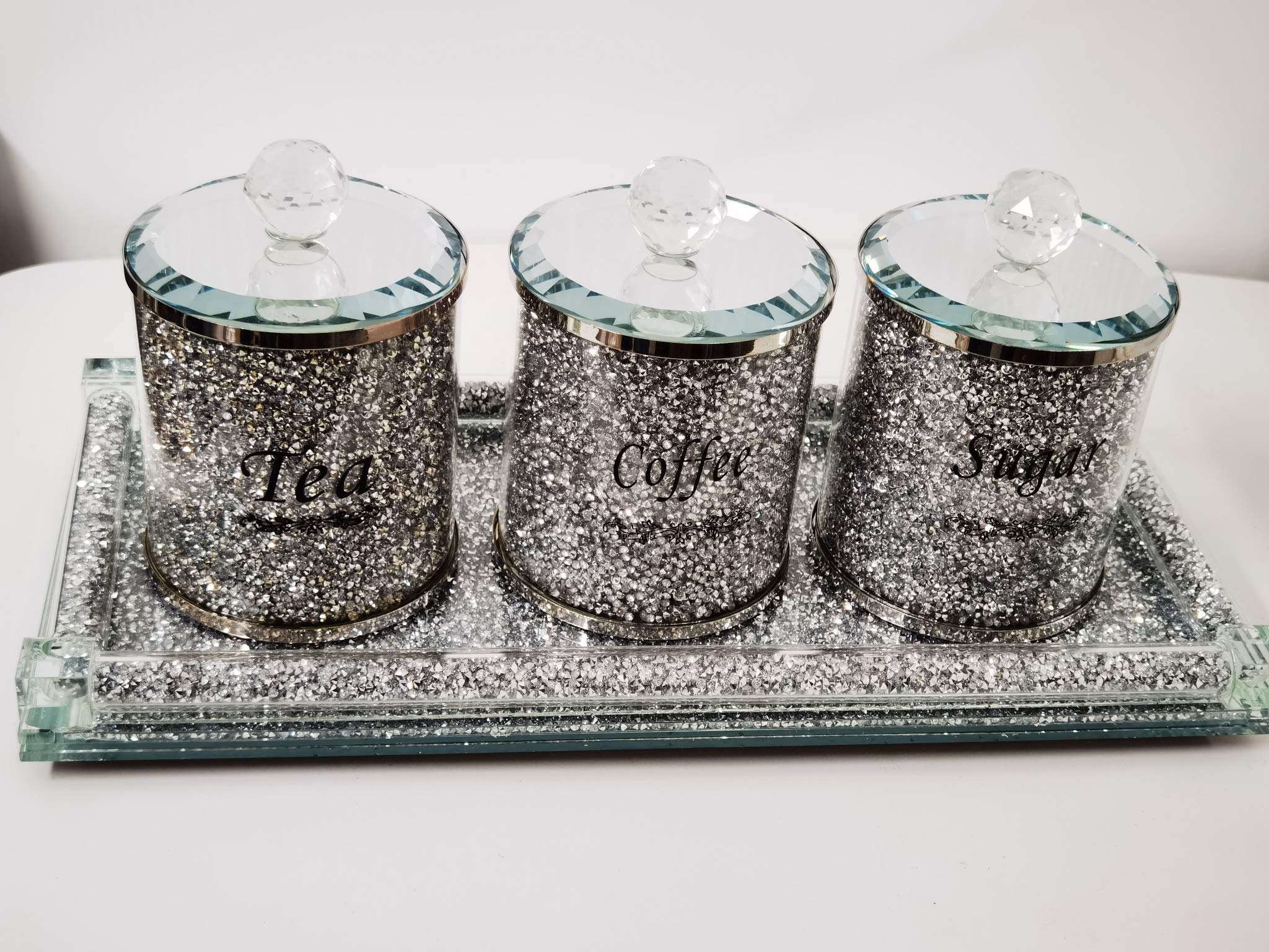 Biznest Silver,Coffee Set Of Diamond Crushed Tea Coffee Sugar Jars & Full Crushed Diamond Rectangle Tray Candle Holder 39X18cm
