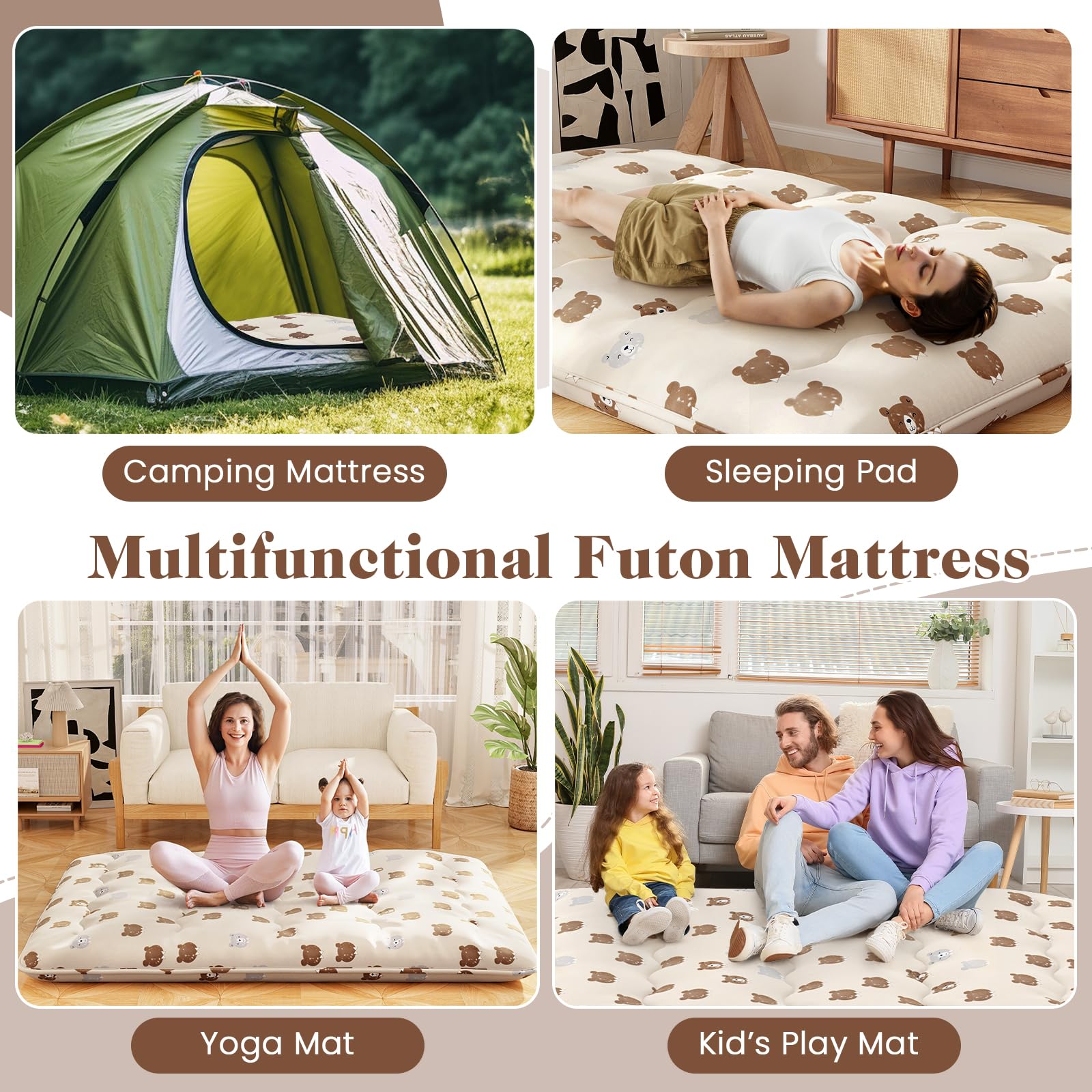 LIFEZEAL Matelas Futon 1 Place Pliable, Matelas de Sol Japonais avec Sac, Futon Tatami Portable, Déhoussable et Lavable en Machine pour Intéruer et Extérieur, Café