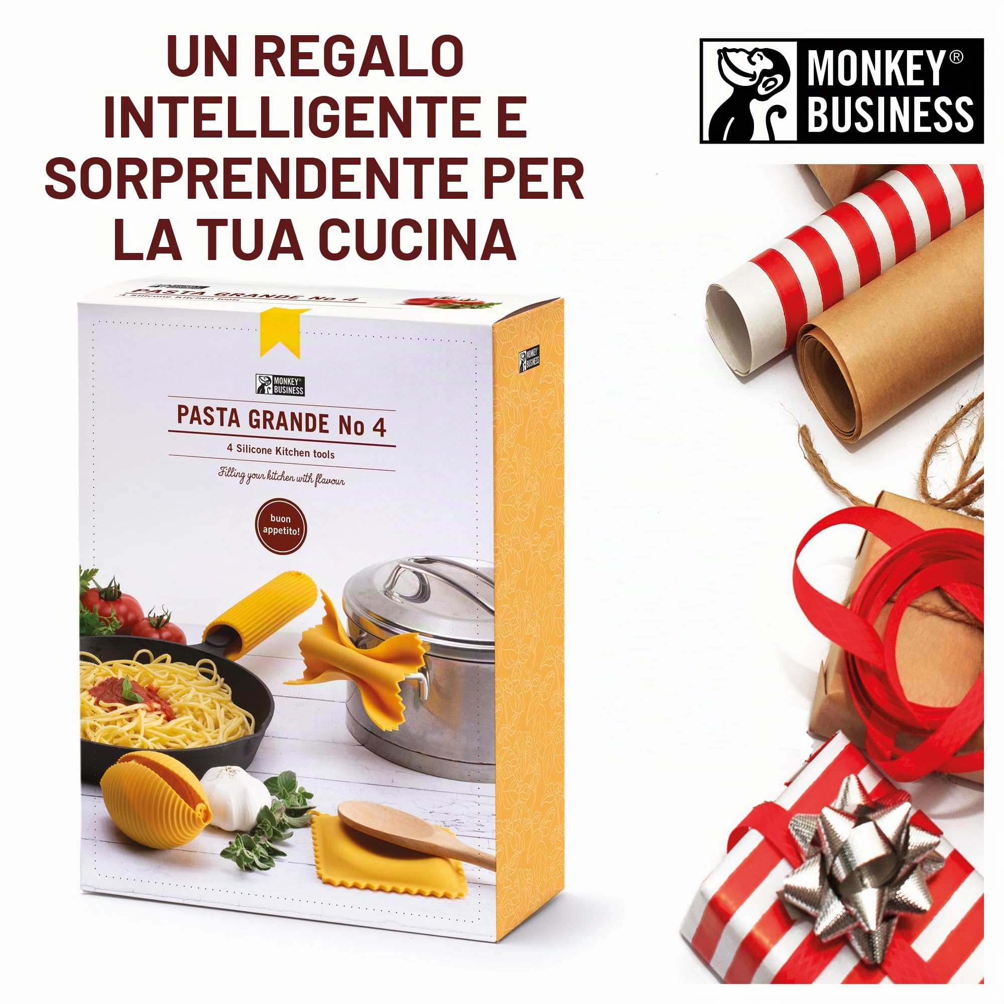 Monkey Business Utensili da cucina in silicone in confezione regalo/4 gadget da cucina a forma di pasta grande/impugnature per farfalloni, poggiamestolo per ravioli, spremiagrumi e impugnatura per