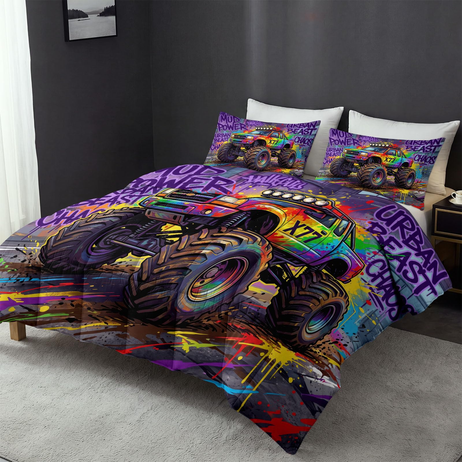 Trapunta senza rivestimento, 135 x 200 cm, coperta invernale calda, 400 g/m², 4 stagioni, 3 pezzi, trapunta fuoristrada con monstertruck per quattro stagioni