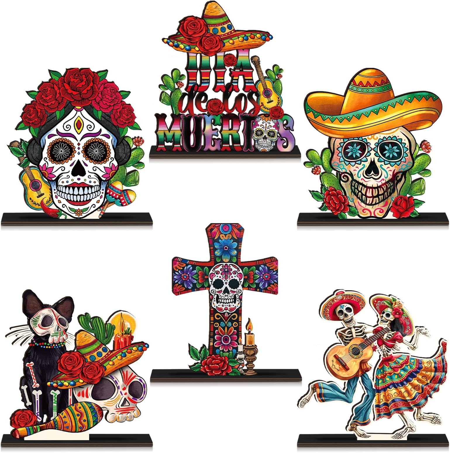 6 Pcs Sugar Skull Table Centerpieces for Day of The Dead Decorations | Day of The Dead Wooden Table Sign Dia De Los Muertos Decorations for Tiered Tray Fiesta Carnival Party