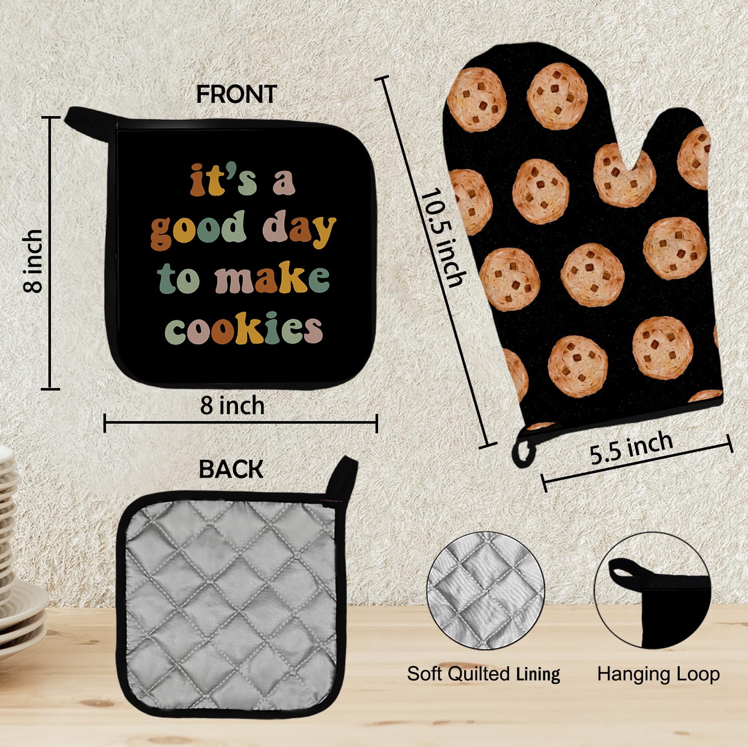 Mingnei Baking Gifts Oven Mitts and Pot Holders Sets, It's a Good Day to Make Cookies Heat Resistant Potholder Kitchen Decor for Cooking BBQ Grilling, Gifts for Baker Baking Lovers Oven Glove Set