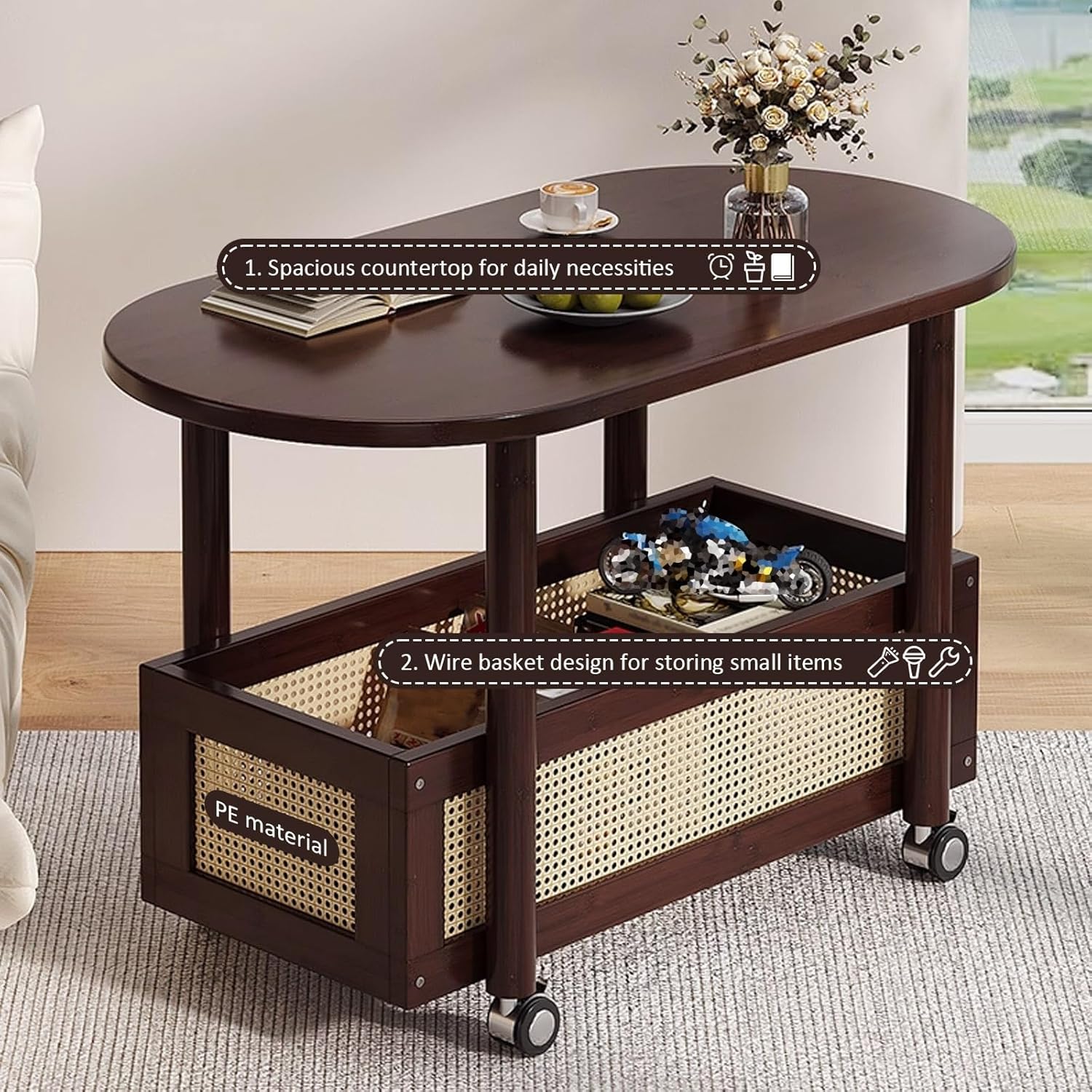 Farmhouse Coffee Table with Storage, 2-Tier Oval Living Room Table with Rotating Wheels, for Cups, Books, Snacks, Magazines