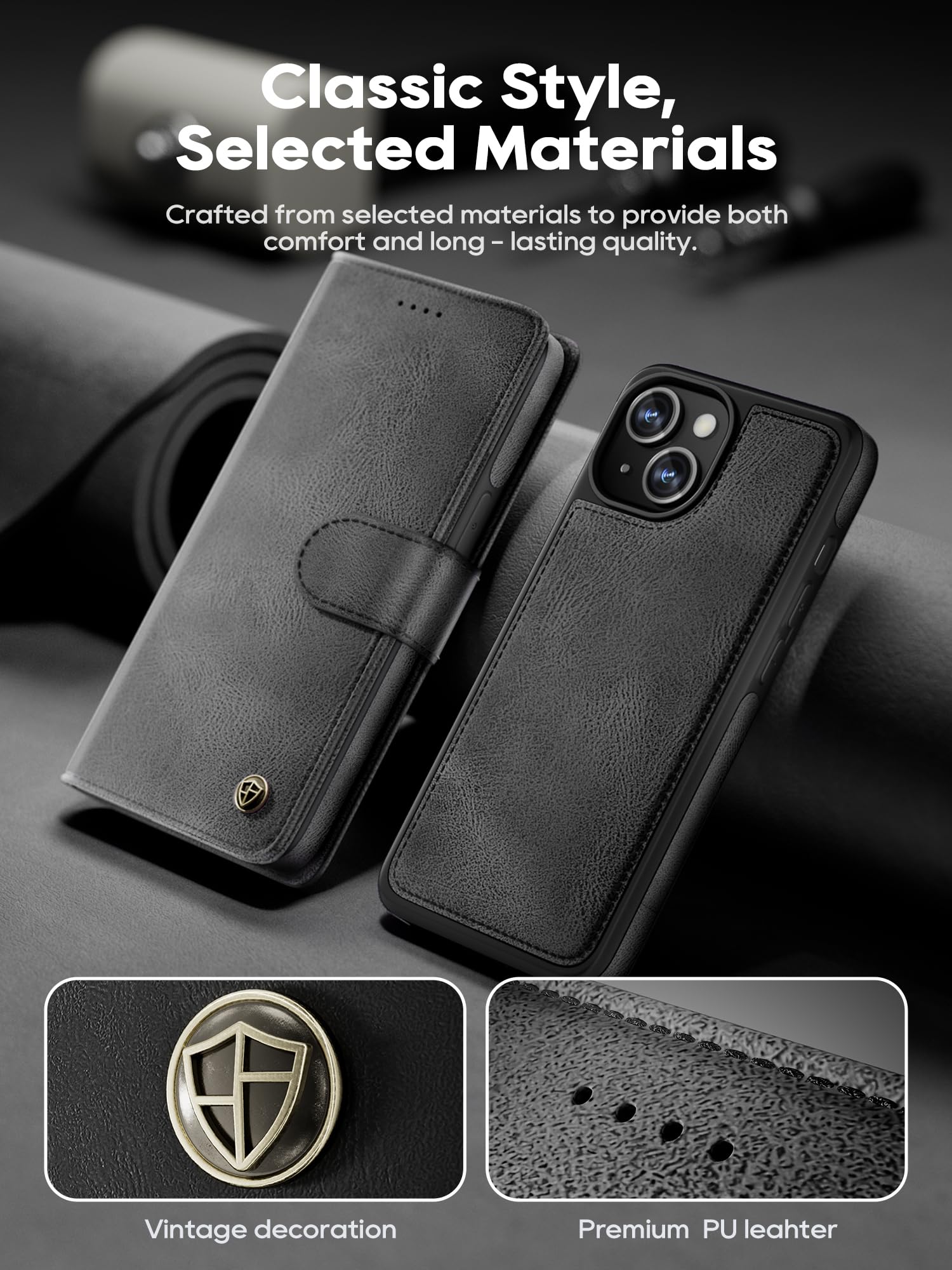iPhone 15 Hülle,[2 in 1 Magnetisch Abnehmbar] Kabelloses Laden Kompatibel Stoßfest Schutzhülle Lederhülle Klapphülle Handyhülle für iPhone 15 - schwarz