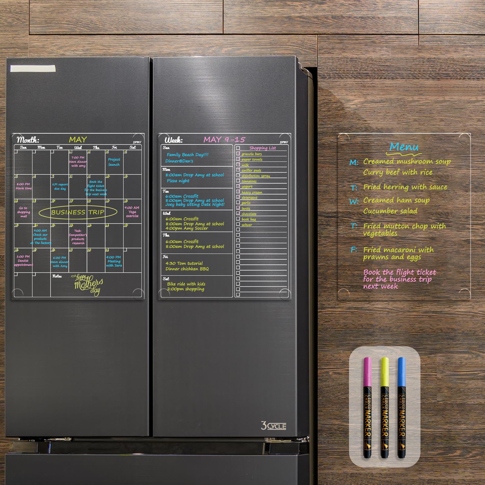 JJPRO Clear Dry Erase Monthly Calendar 3PCS Set for Fridge. Reusable Undated Transparent Calendar, Weekly Planner and Blank Clear Board Sticks to Wall and Glass(Any Smooth Surface)-3 Markers โ image 1