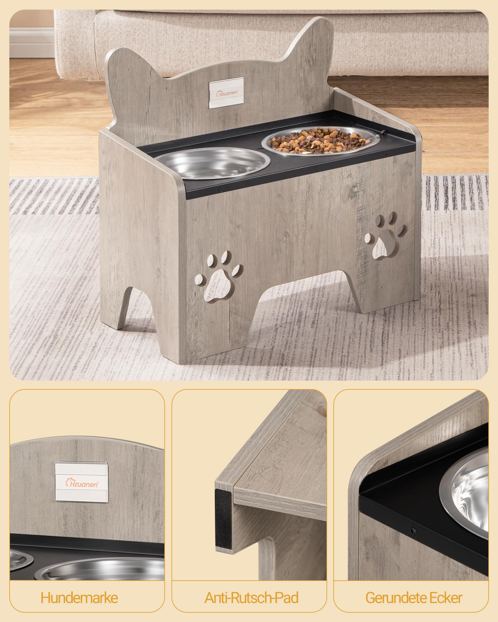 Hzuaneri Cuenco Elevado para Perros, Soporte para Cuencos para Perros con 2 Cuencos de Acero Inoxidable, Juego de Cuencos para Perros Antiderrames, Gris PB07105B
