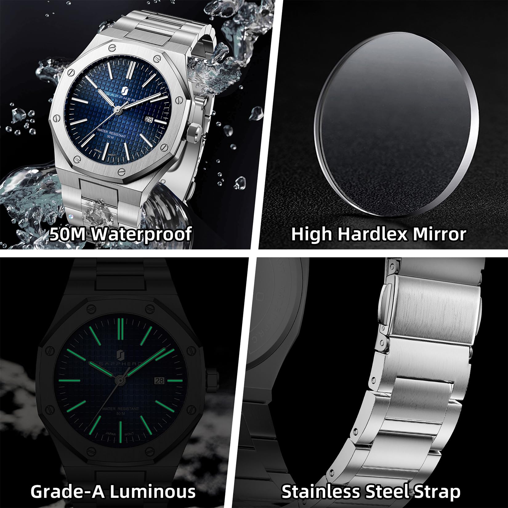 SAPPHERO Relojes para Hombre Acero Inoxidable Cuarzo Reloj de Hombres Resistente al Agua con Fecha de Estilo Moderno y Ejecutivo Hombre