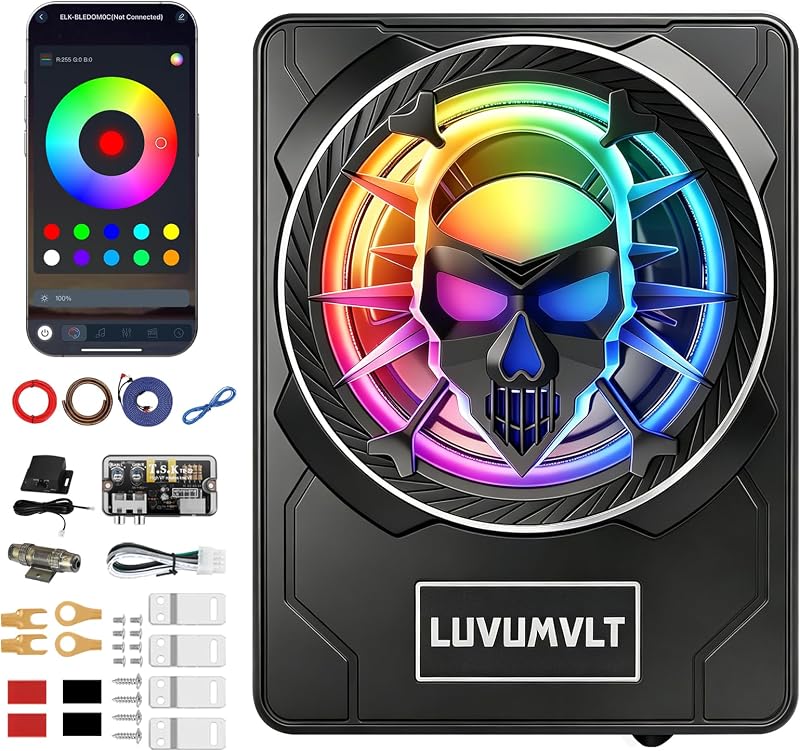 1200W 10" Skull Car Subwoofer with APP-Controlled RGB Beat-Sync Lights, Slim Under Seat Powered Built-in Amplifier, Low Pass Filter/Gain/Bass Boost, Deep Bass for Car/Truck/SUV/Jeep