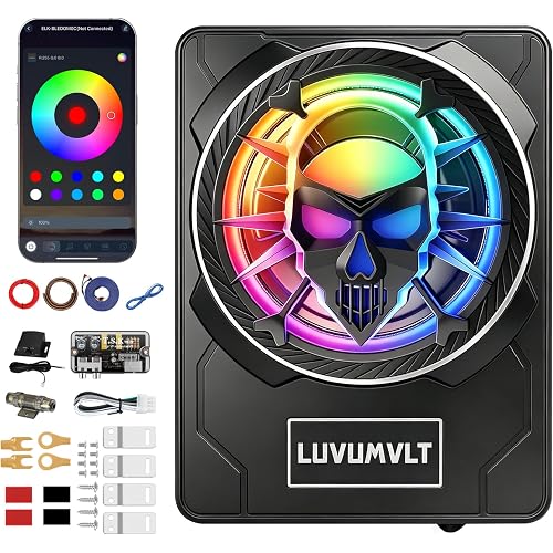 1200W 10" Skull Car Subwoofer with APP-Controlled RGB Beat-Sync Lights, Slim Under Seat Powered Built-in Amplifier, Low Pass Filter/Gain/Bass Boost, Deep Bass for Car/Truck/SUV/Jeep