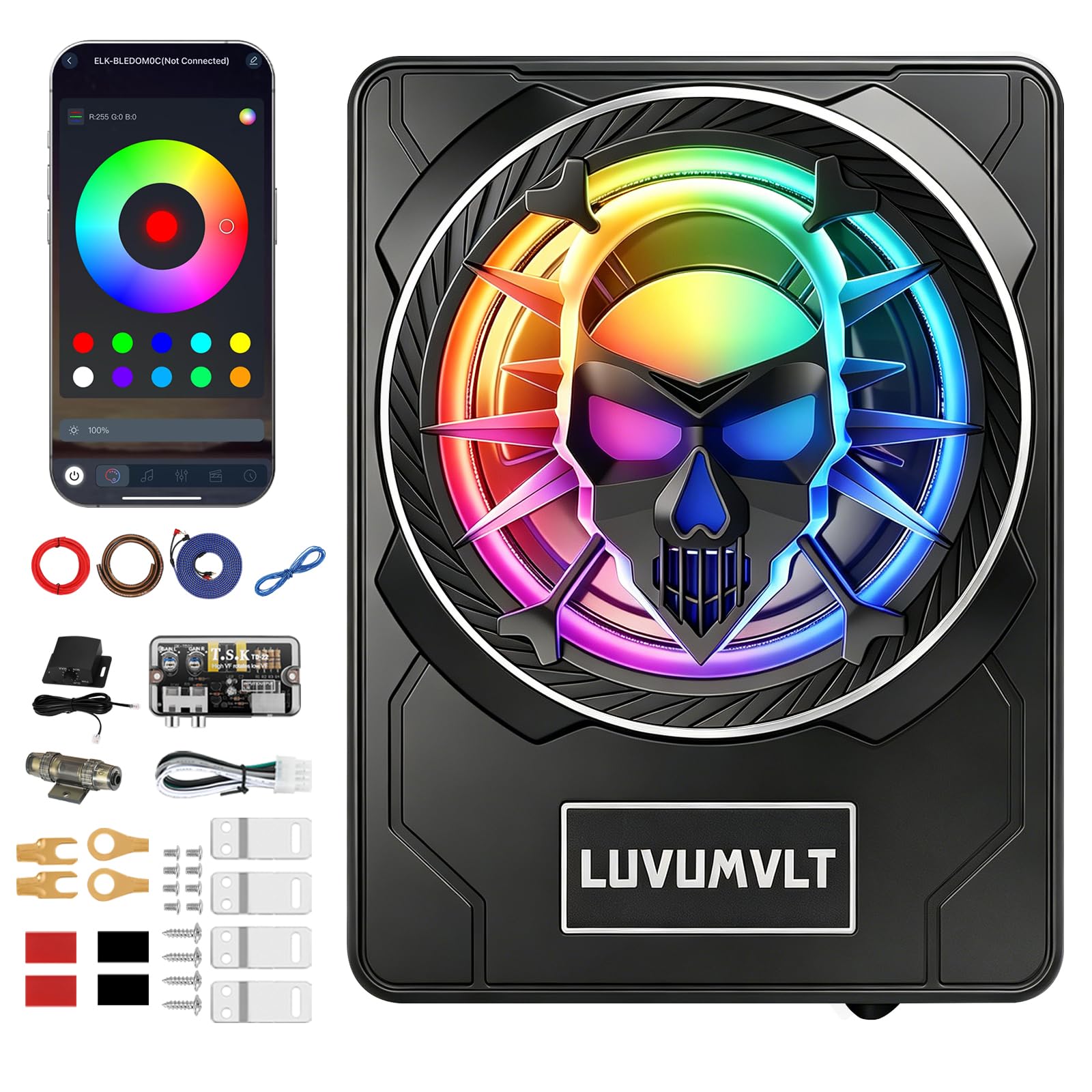 Photo 1 of 1200W 10" Skull Car Subwoofer with APP-Controlled RGB Beat-Sync Lights, Slim Under Seat Powered Built-in Amplifier, Low Pass Filter/Gain/Bass Boost, Deep Bass for Car/Truck/SUV/Jeep