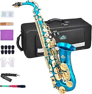 EASTROCK Light Blue/Golden Alto Saxophone E Flat Sax Full Kit for Students Beginner with Carrying Case,Mouthpiece,Mouthpiece Cushion Pads,Cleaning Cloth&Cleaning Rod,White Gloves,Neck Strap