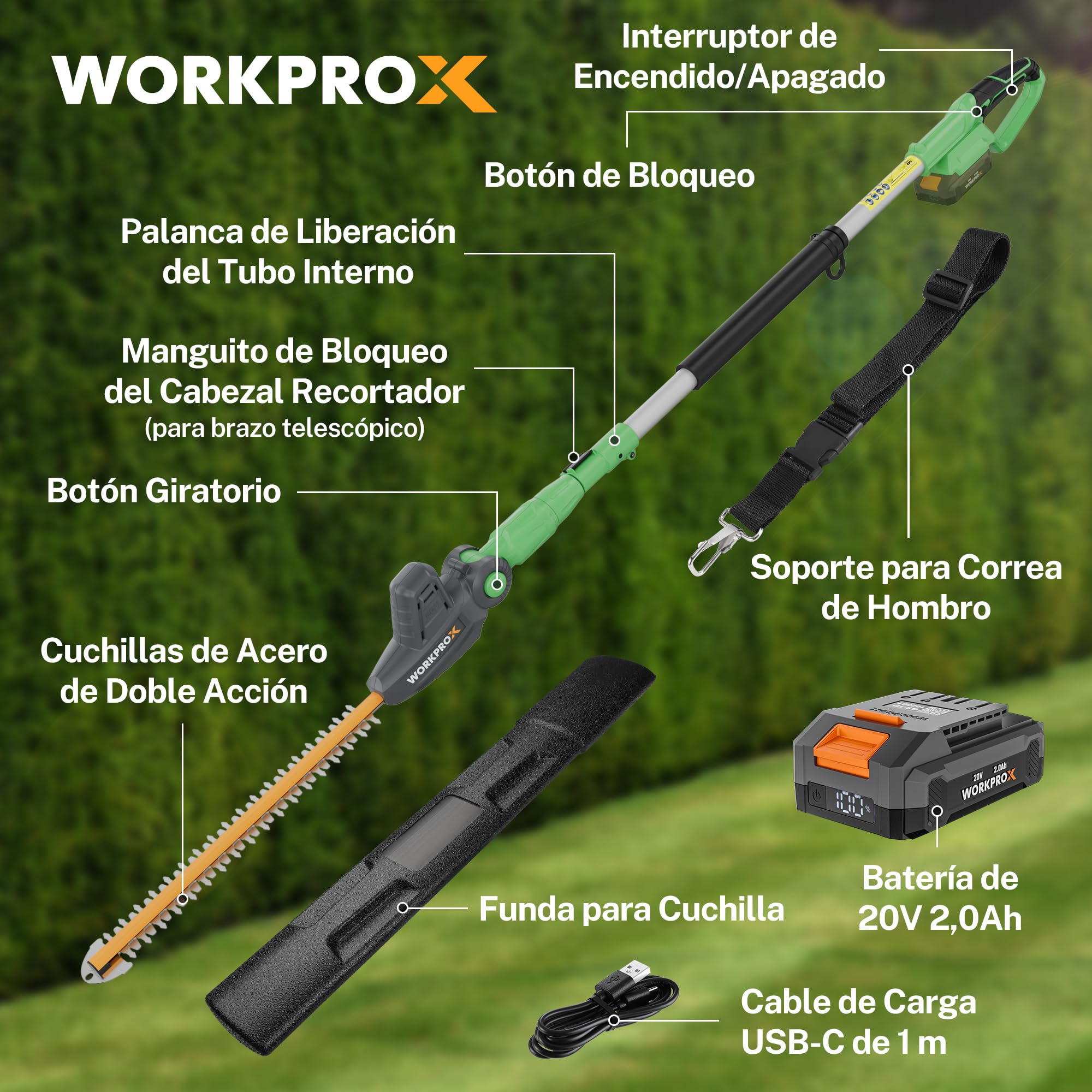 WORKPROX Cortasetos Telescópico Inalámbrica 20V, Cortasetos de Pértiga, Tijeras Cortasetos con Batería, Podar Telescópica hasta 2,8M, con Ángulos Ajustables, Longitud de Corte 45CM