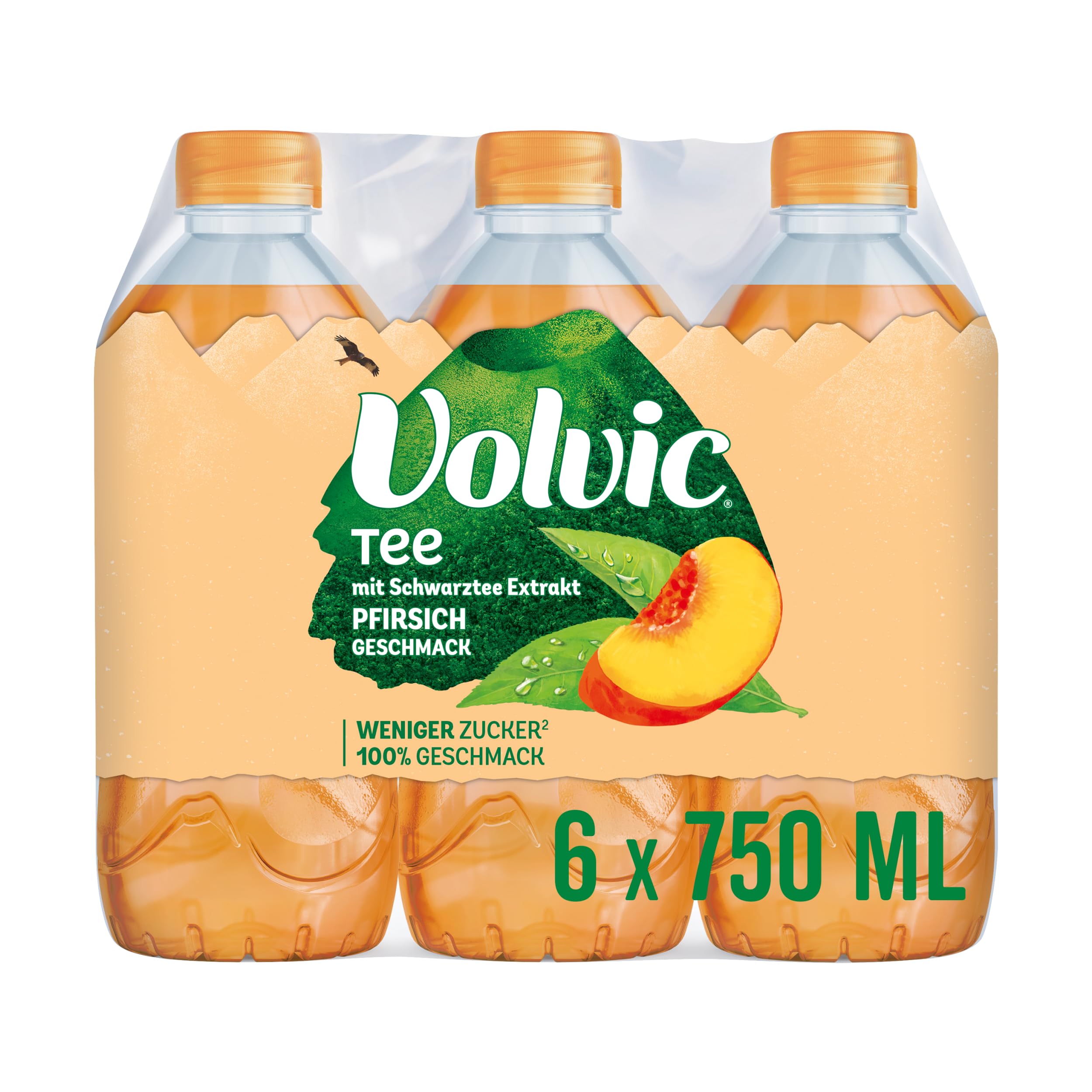 Volvic Tee Pfirsichgeschmack – Erfrischungsgetränk mit Schwarztee-Extrakt – Zuckerreduziert – 6 x 0,75 l