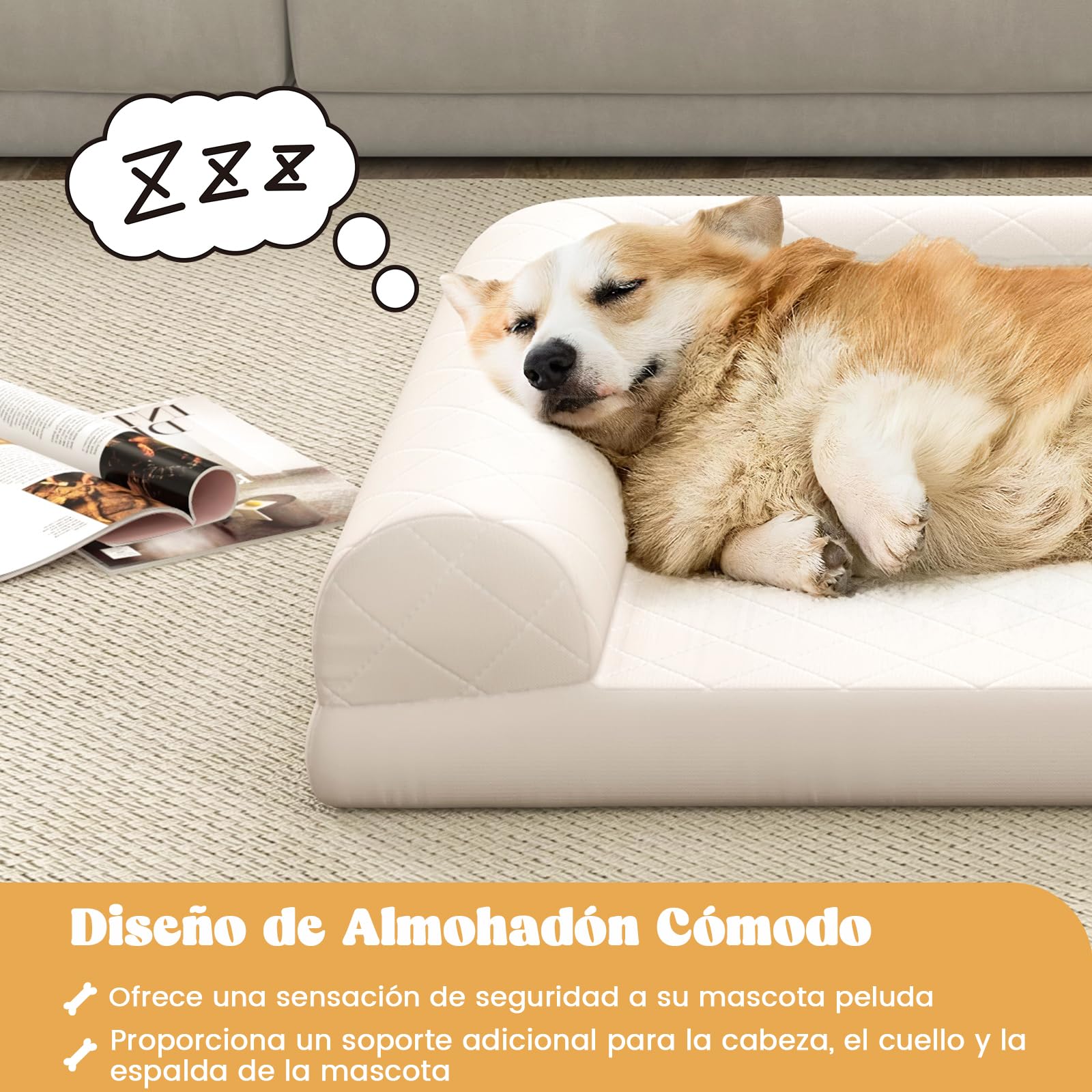 COSTWAY Cama Perros Medianos y Pequeños, 90x69x18 cm, Cama Ortopédica para Perros con Espuma de Huevo y Cojín de 3 Lados, Base Antideslizante, Sofá para Mascotas, Desenfundable y Lavable (Beige)